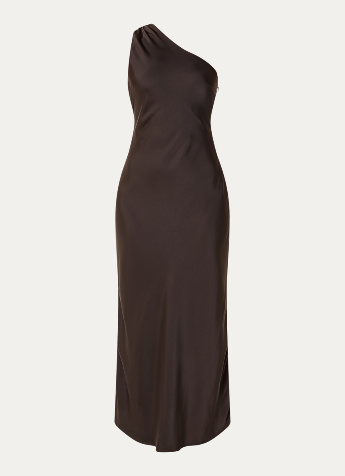 Modström Narcissa one shoulder midi jurk van satijn - voorkant donkerbruin