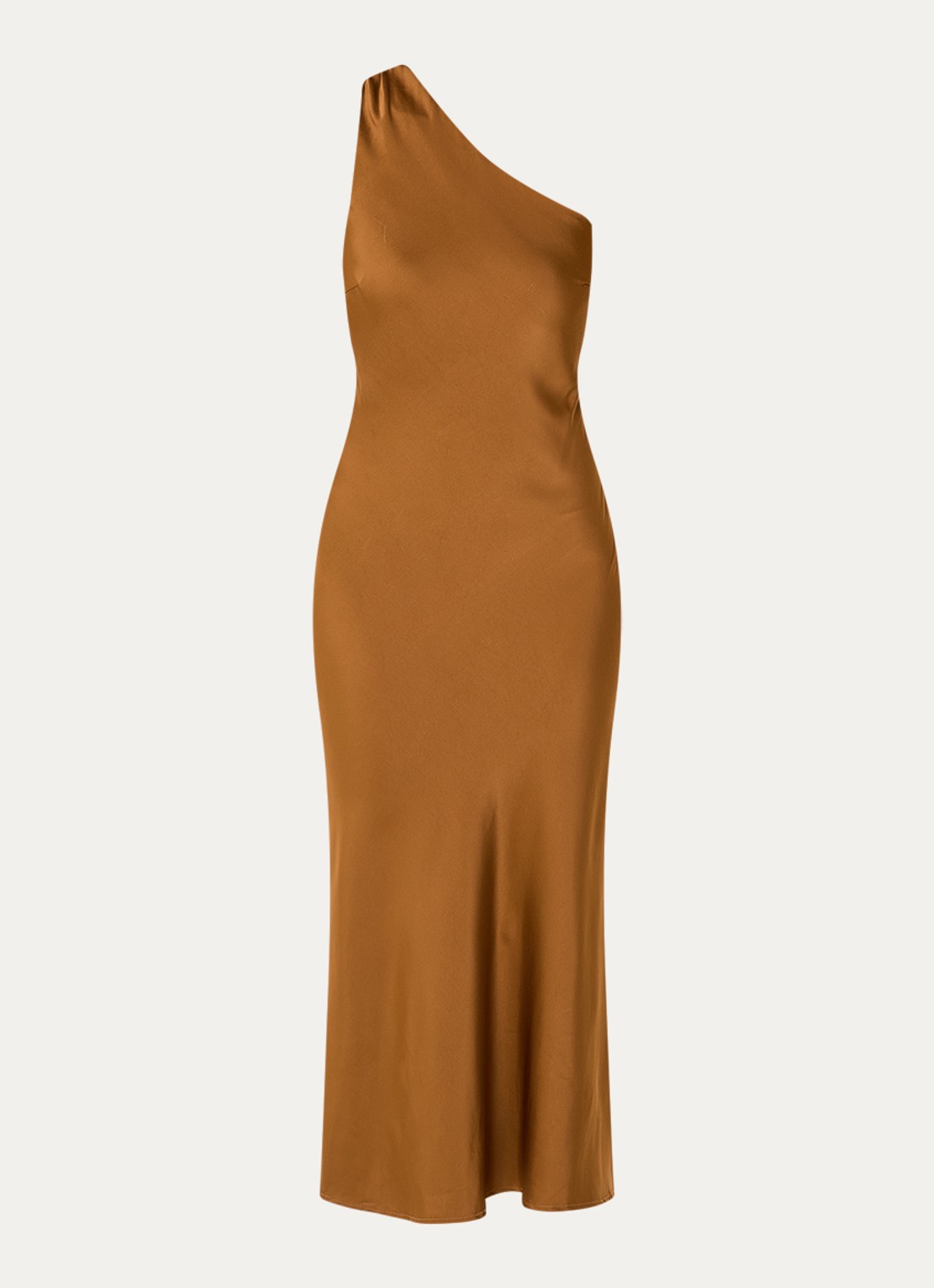 Modström Narcissa one shoulder midi jurk van satijn - voorkant 3 roestbruin