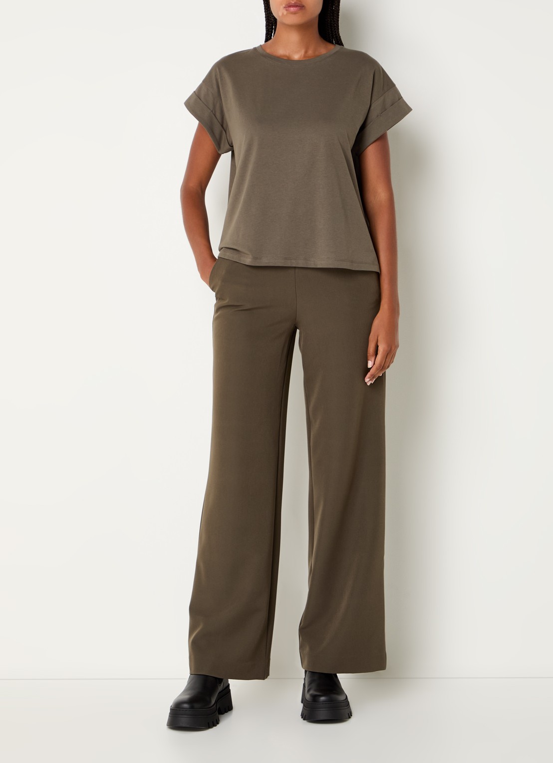 Modström Nelli high waist loose fit pantalon met steekzakken - voorkant 2 olijfgroen