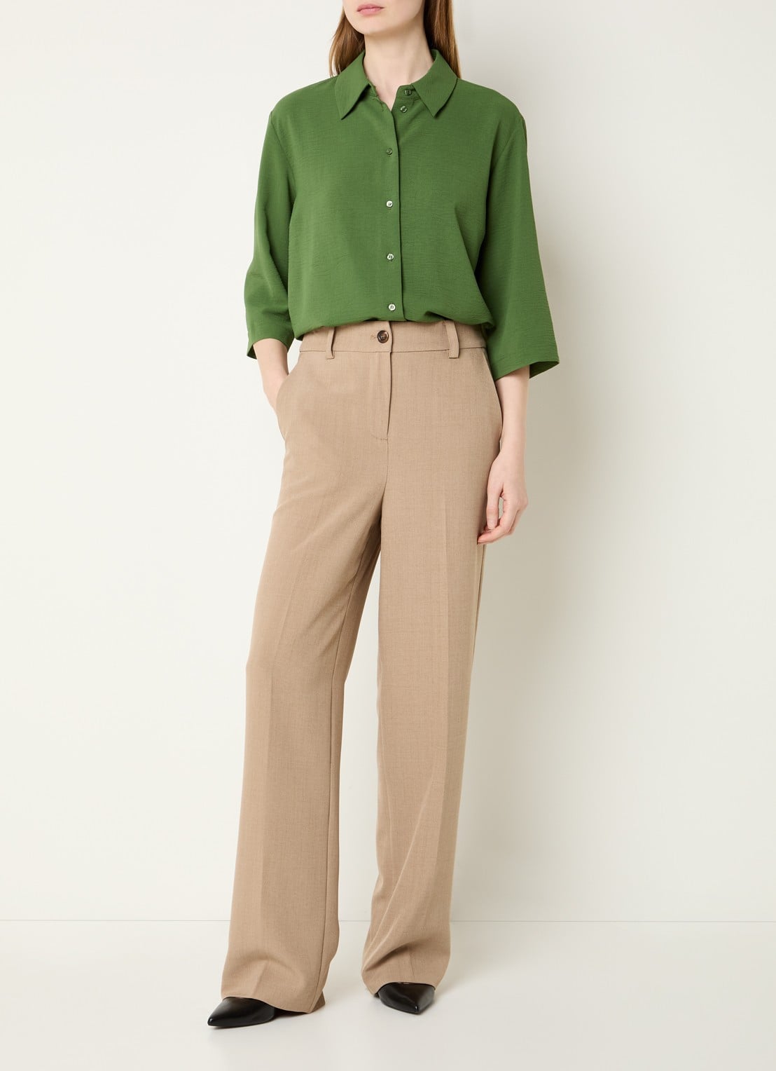 Modström Popel blouse van crêpe met trompetmouw - voorkant 2 groen