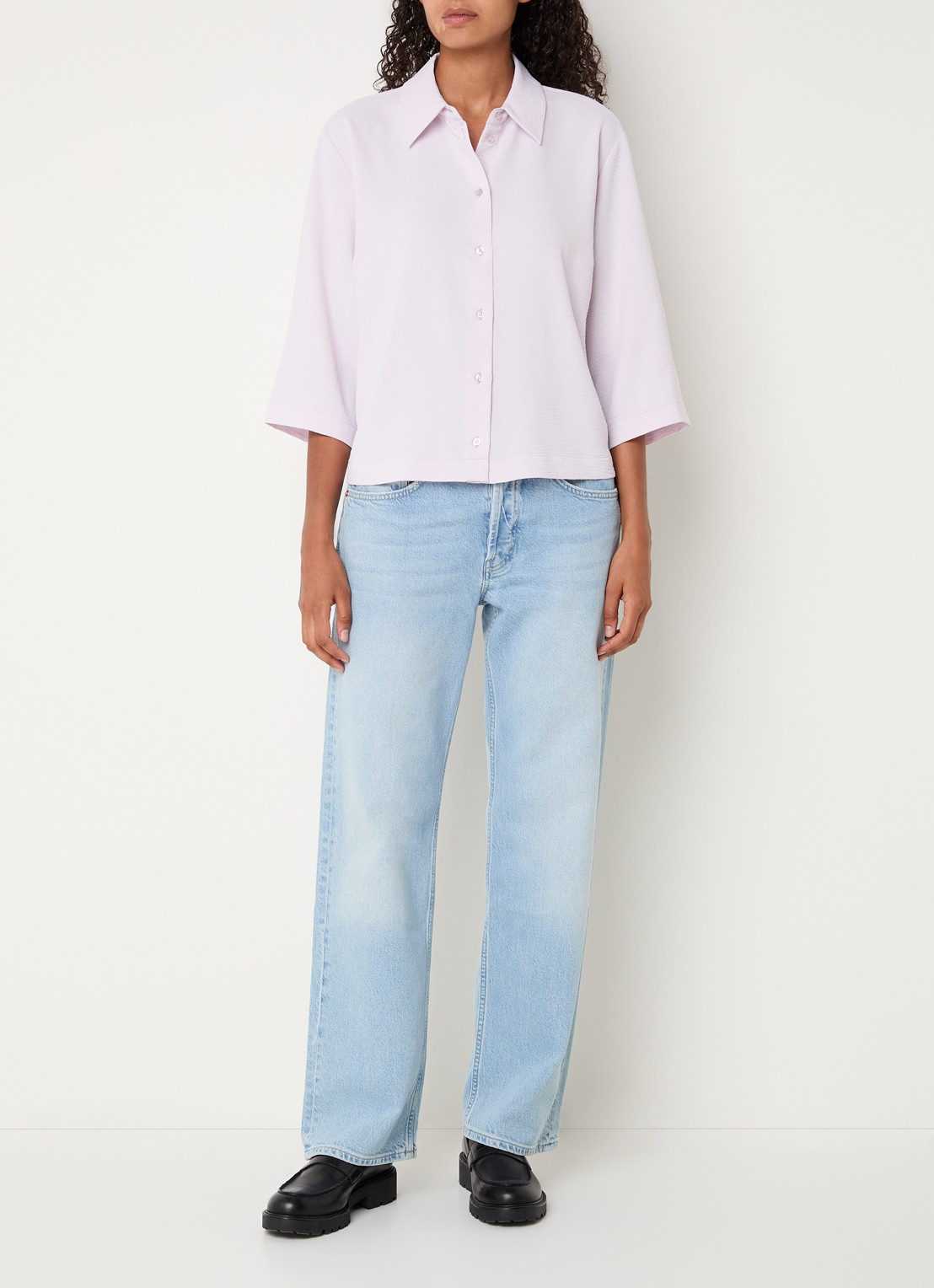 Modström Popel blouse van crêpe met trompetmouw - voorkant 3 lichtpaars