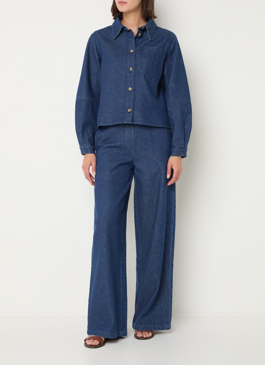 Modström Possym high waist wide leg jeans met elastische band en strikceintuur - voorkant 4 indigo