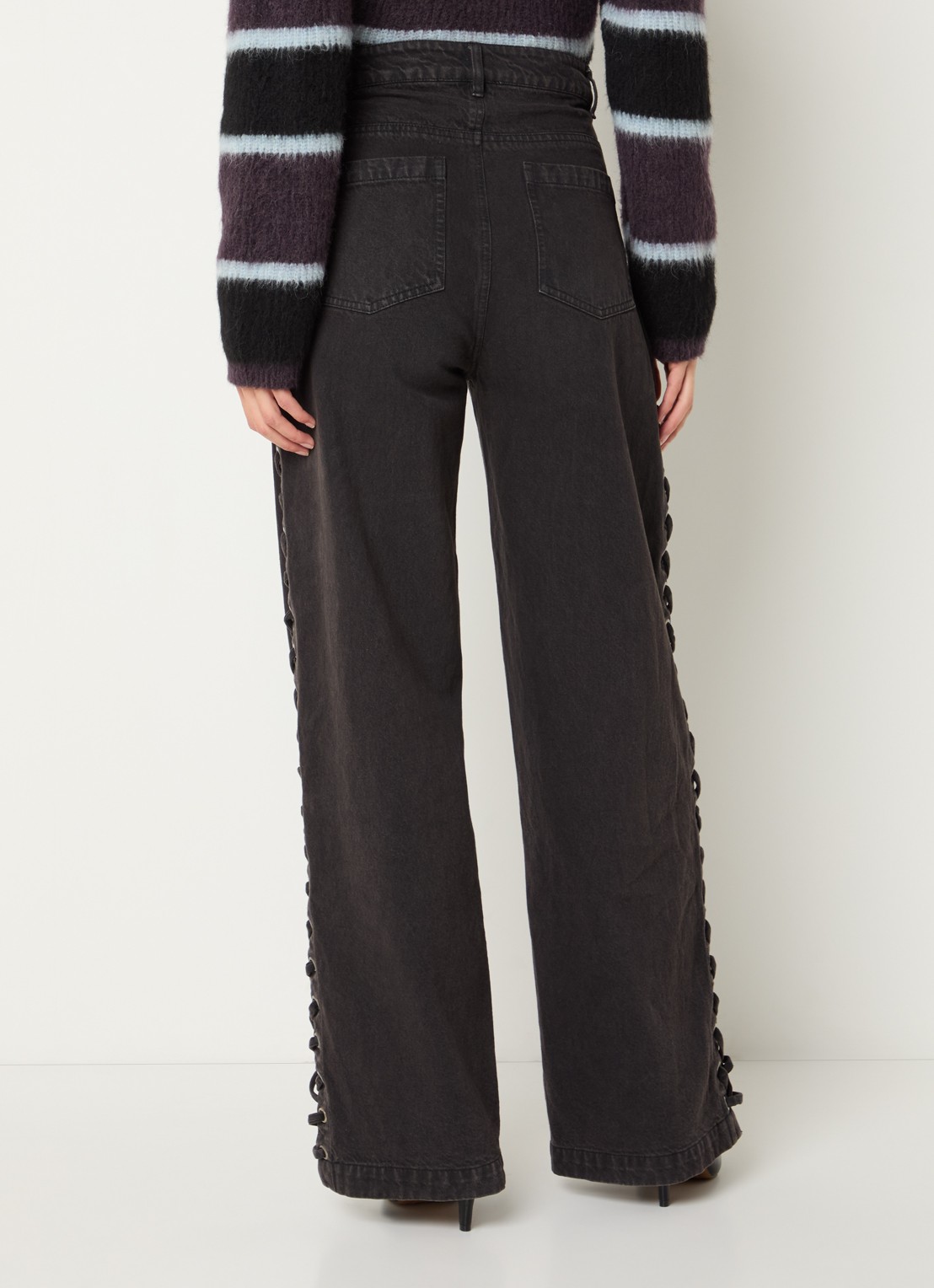 Modström Riya high waist straight leg jeans met rijgdetail - achterkant 4 donkergrijs