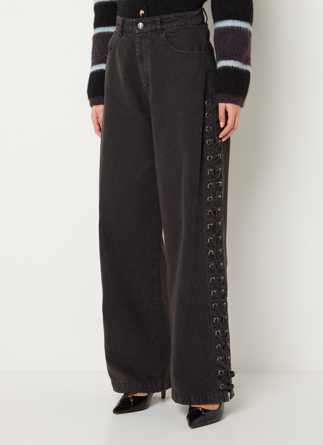 Modström Riya high waist straight leg jeans met rijgdetail - detail 3 donkergrijs