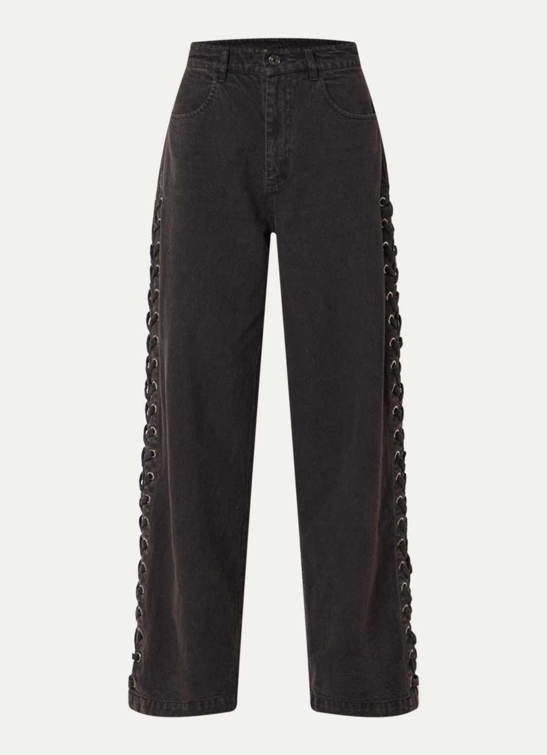 Modström Riya high waist straight leg jeans met rijgdetail - voorkant donkergrijs