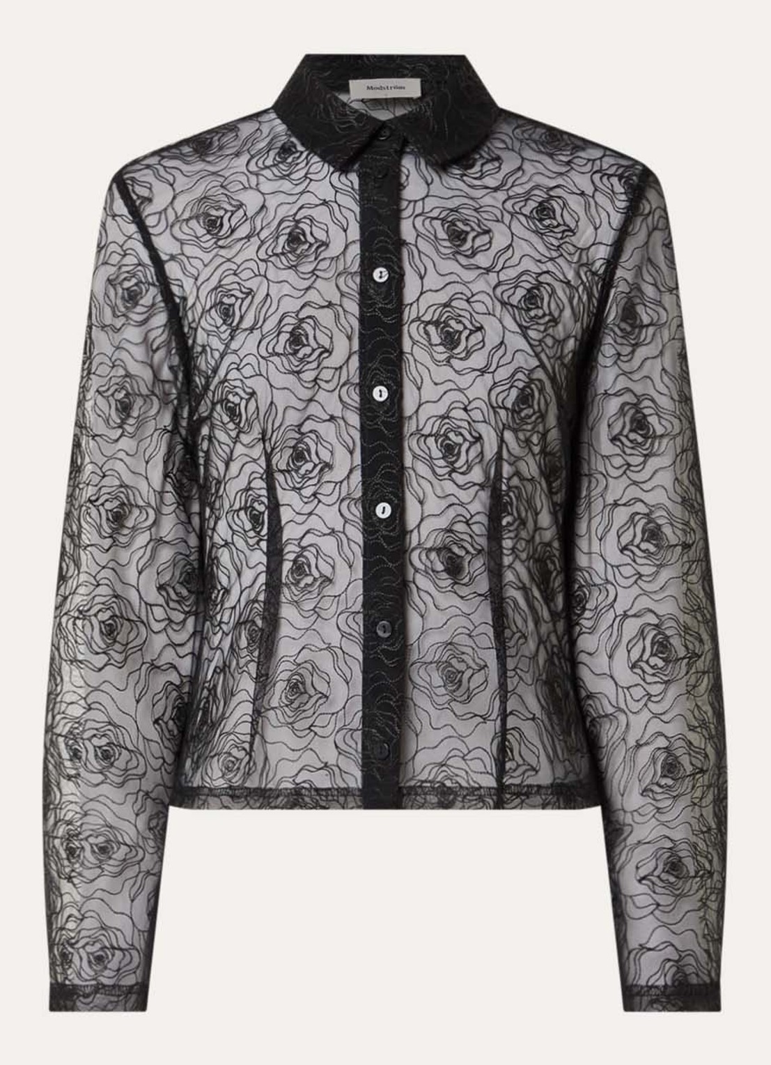 Modström Rocco semi-transparante blouse van kant met bloemenprint - voorkant 3 zwart