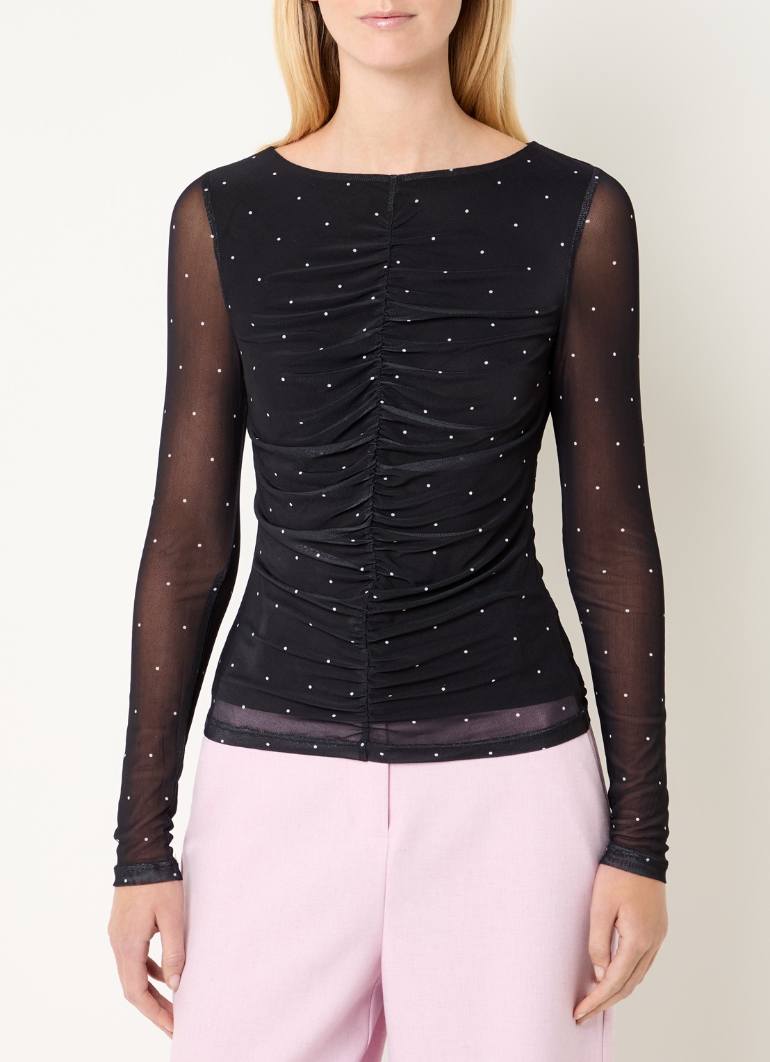 Modström Samala semi-transparante top van mesh met stippenprint - detail 4 zwart