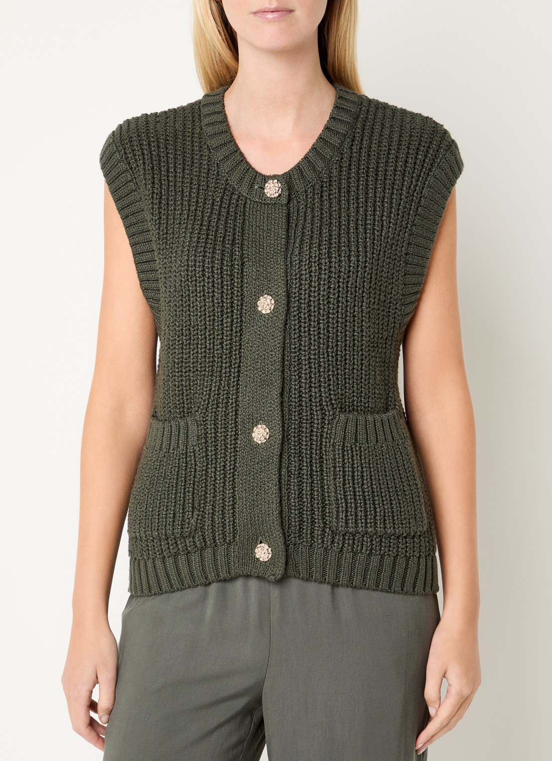Modström Scott gilet met ribstructuur en steekzakken - detail 4 legergroen