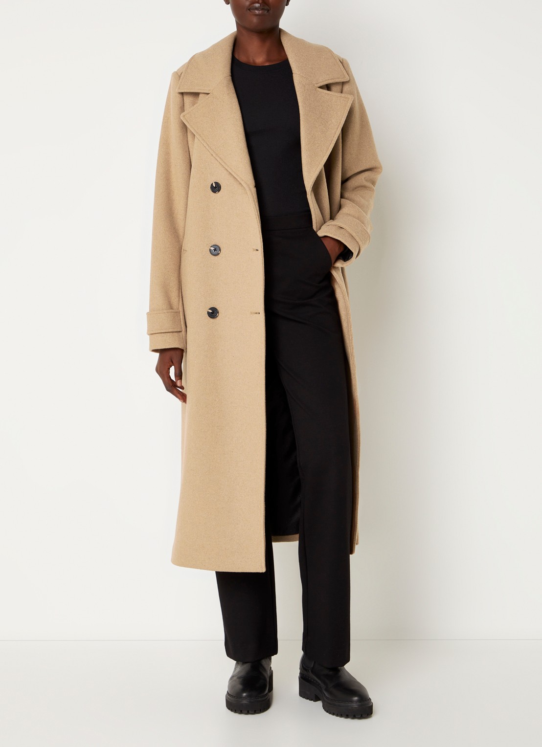 Modström Shay double-breasted mantel in wolblend - voorkant 4 camel