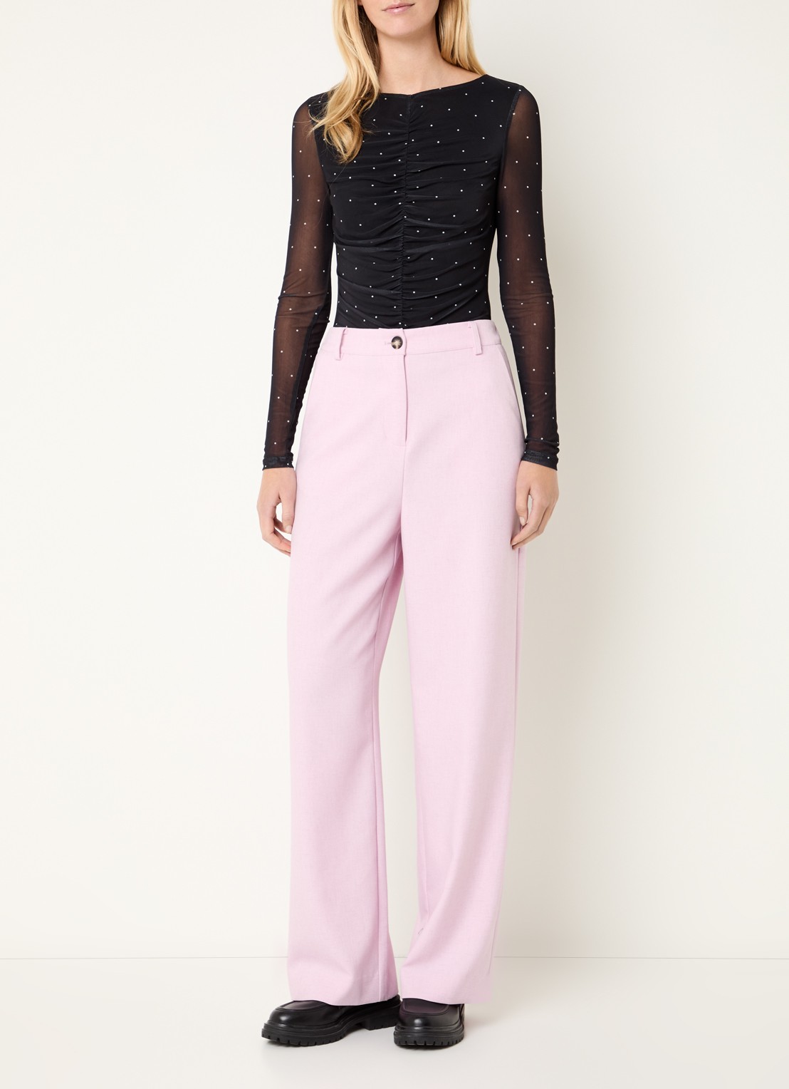 Modström Sophie high waist straight fit pantalon in linnenblend - voorkant 4 oudroze