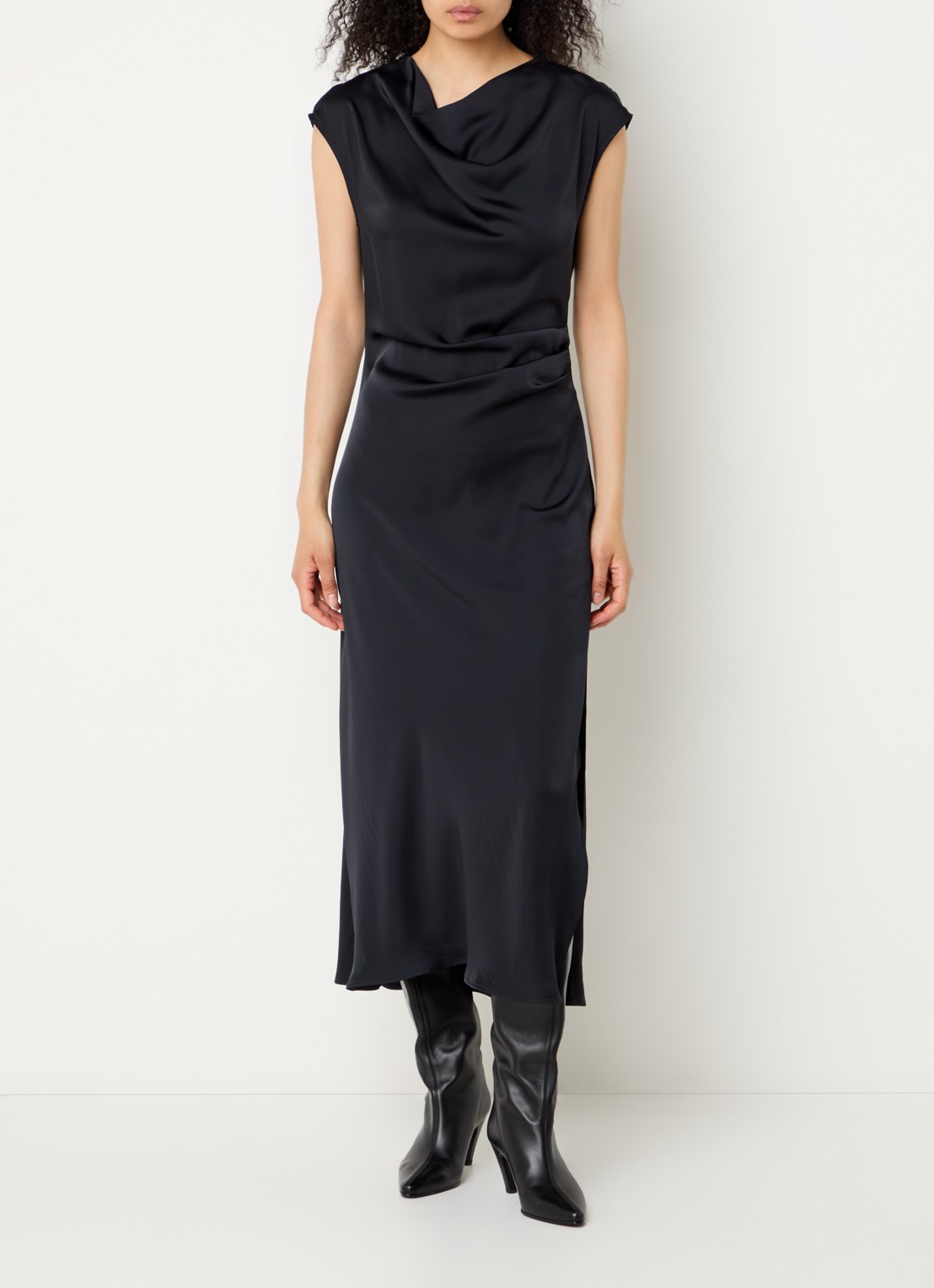 Modström Tailor midi jurk van satijn met split - detail 4 donkerblauw