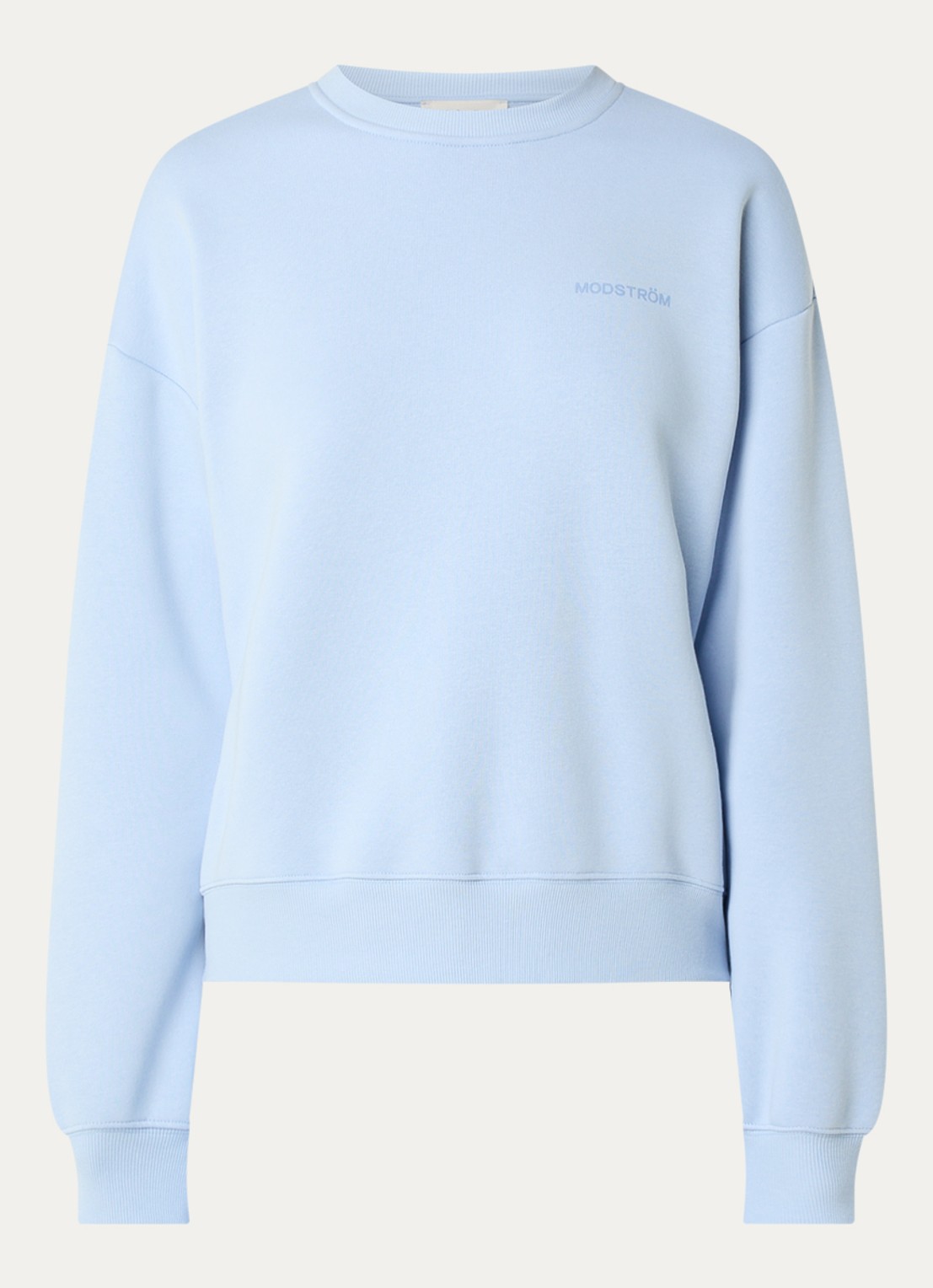 Modström Tia sweater met logoprint - voorkant lichtblauw