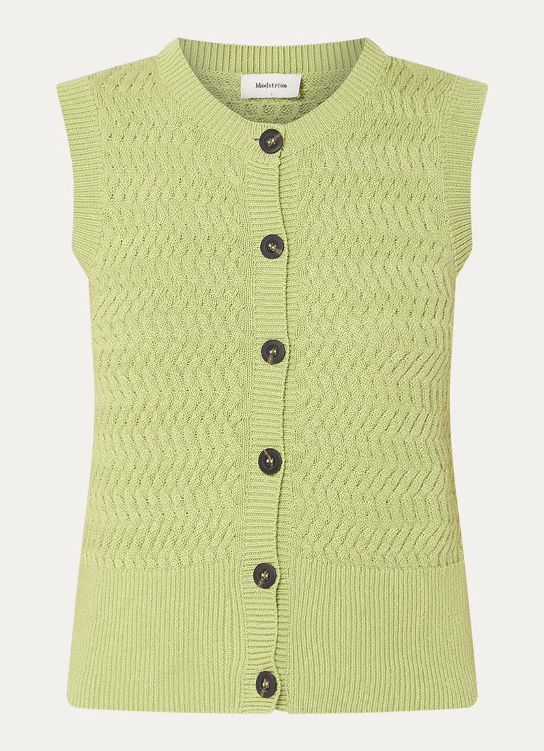 Modström Ulva ribgebreid vest  - voorkant 2 lichtgroen