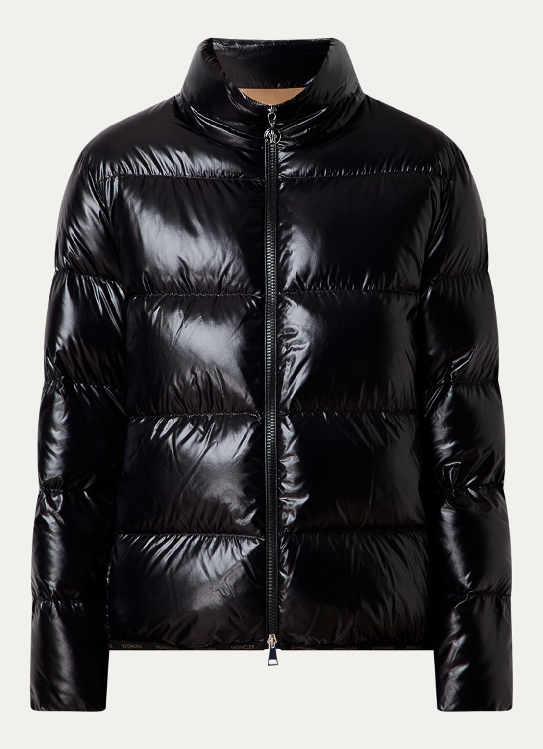 Moncler Abbadia puffer jack met glanzende finish en logo - voorkant 2 zwart
