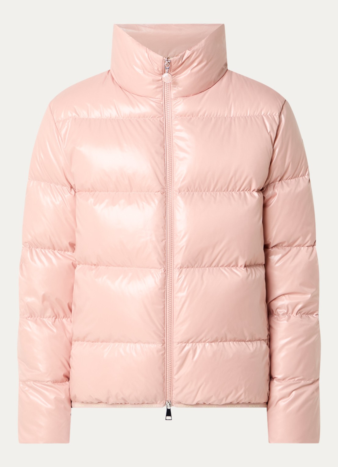 Moncler Abbadia puffer jack met glanzende finish en logo - voorkant 5 oudroze