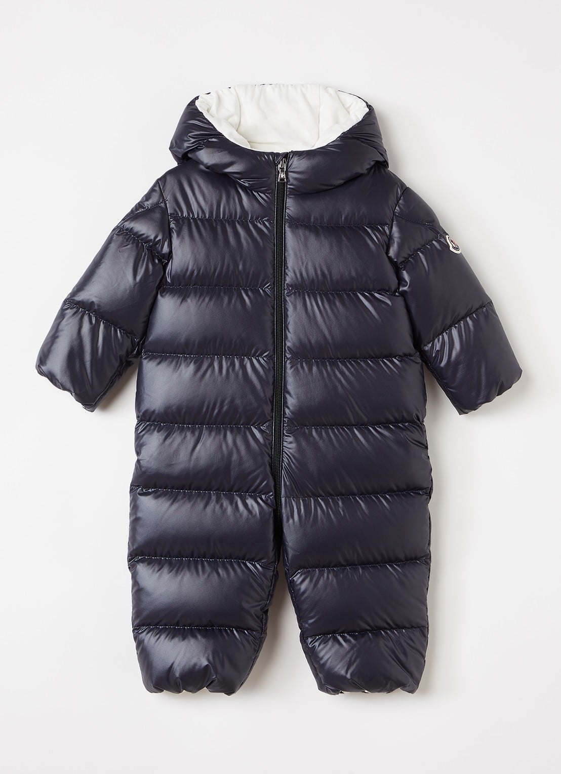 Moncler Alanie gewatteerd babypak met donsvulling - voorkant donkerblauw
