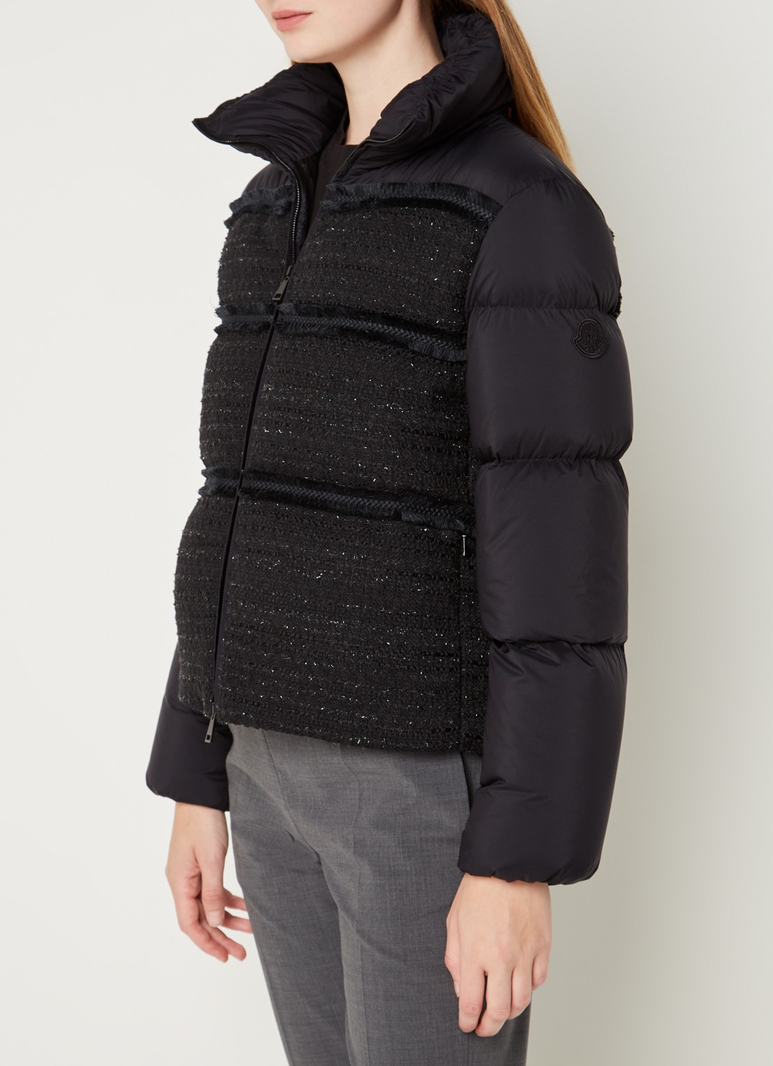 Moncler Aucun puffer jack met donsvulling en tweed-look - detail zwart