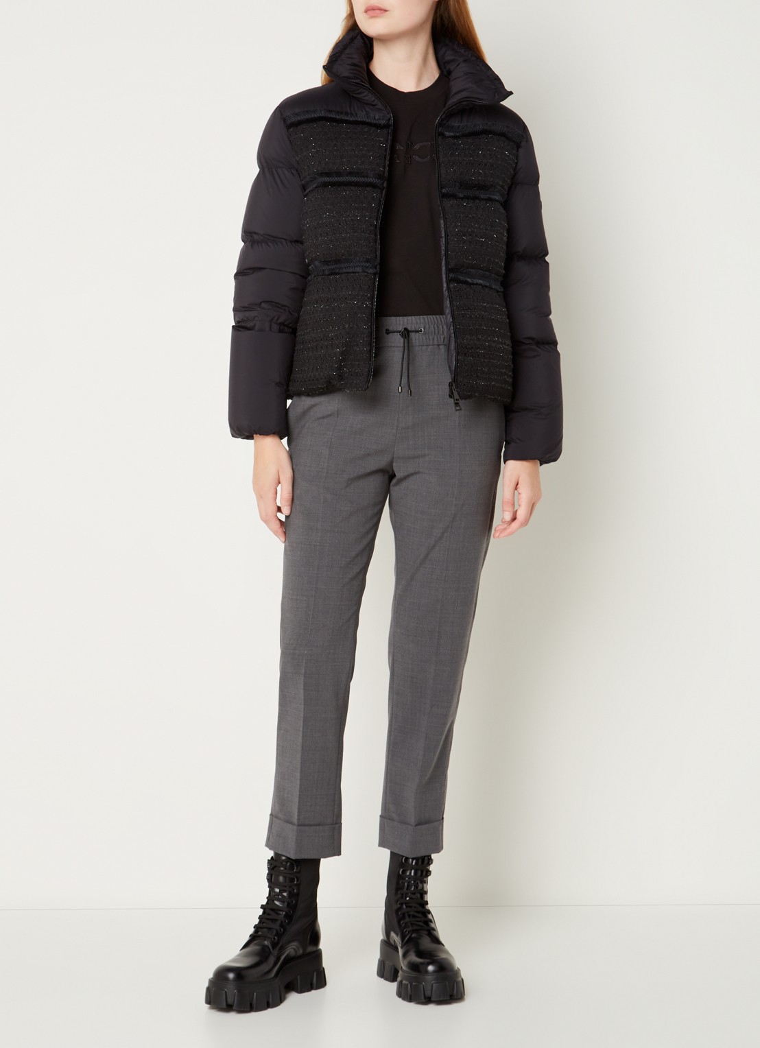 Moncler Aucun puffer jack met donsvulling en tweed-look - voorkant 4 zwart