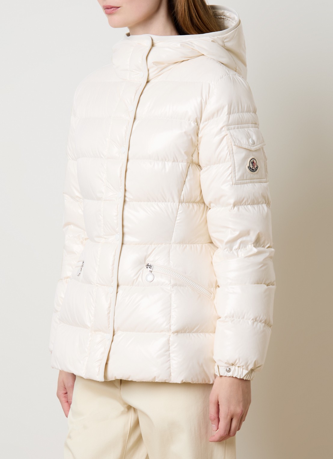 Moncler Barante gewatteerde jas met donsvulling en capuchon - detail 4 gebroken wit