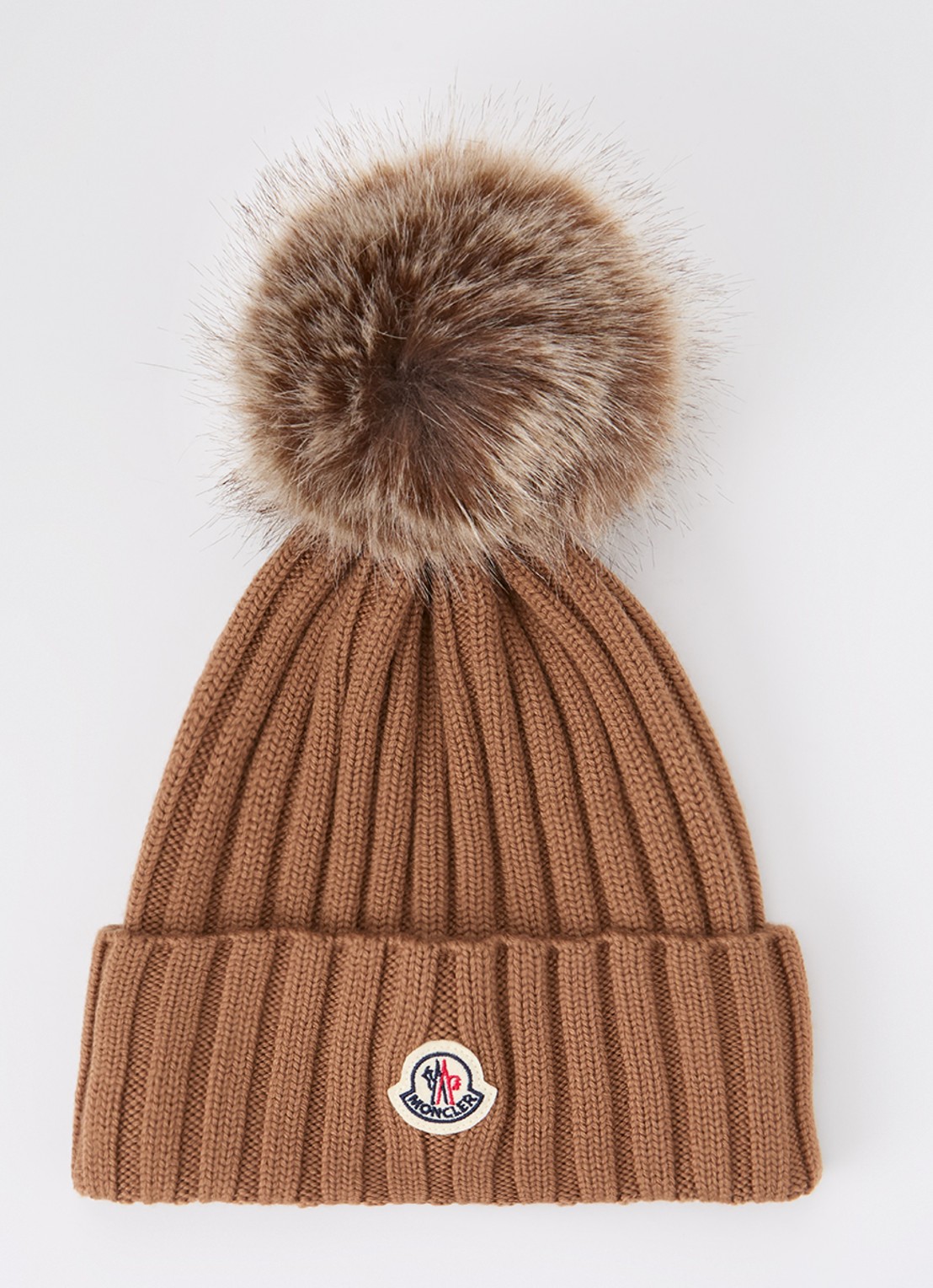 Moncler Berretto ribgebreide muts met logo - voorkant lichtbruin