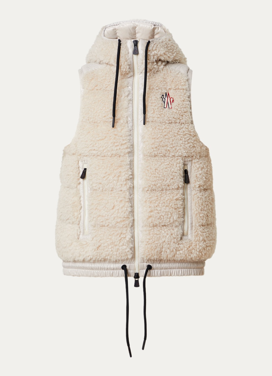Moncler Bodywarmer van teddy met logo en steekzakken - voorkant beige