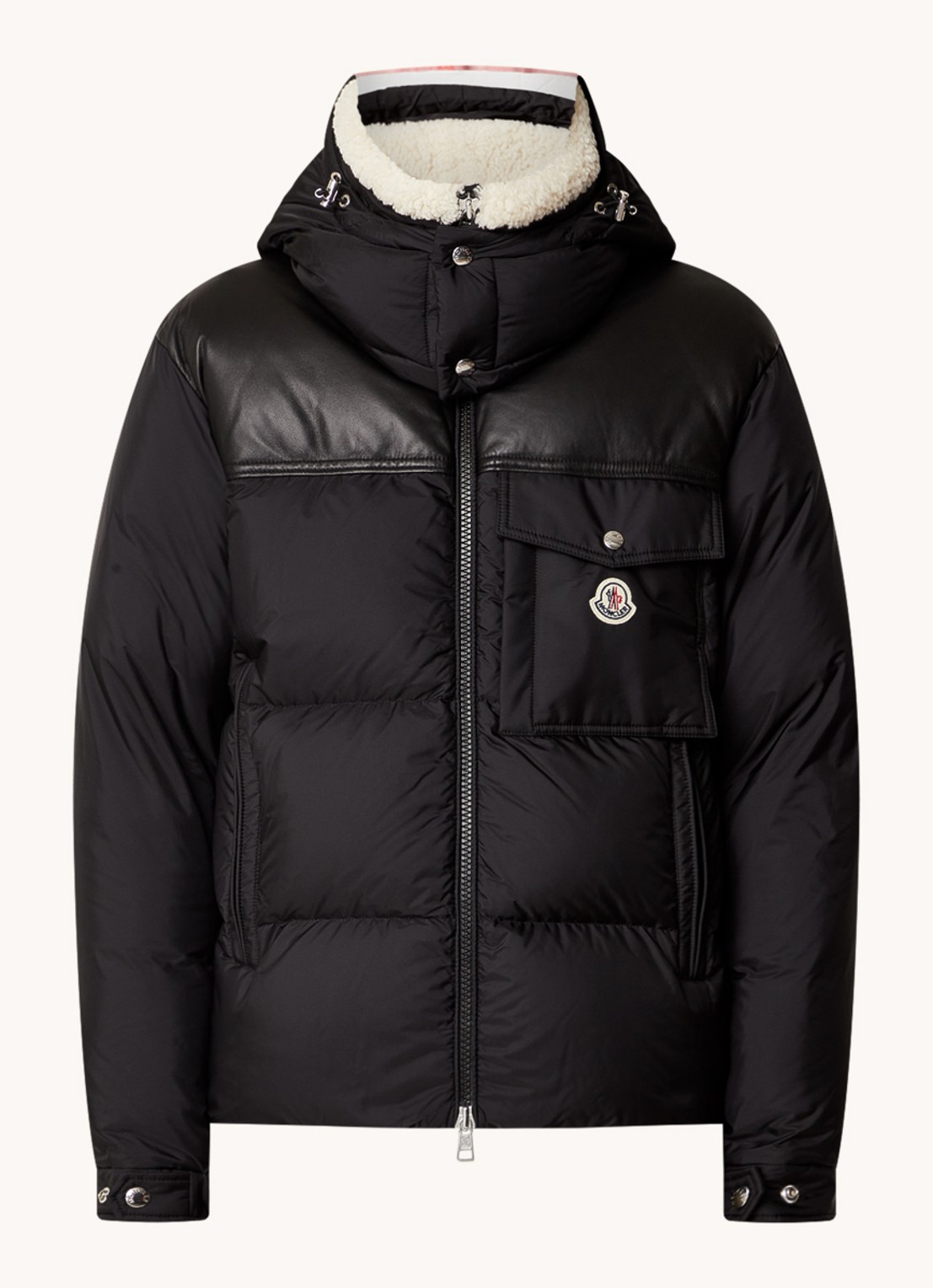 Moncler Braye puffer jack met details van leer en afneembare capuchon  - voorkant 5 zwart