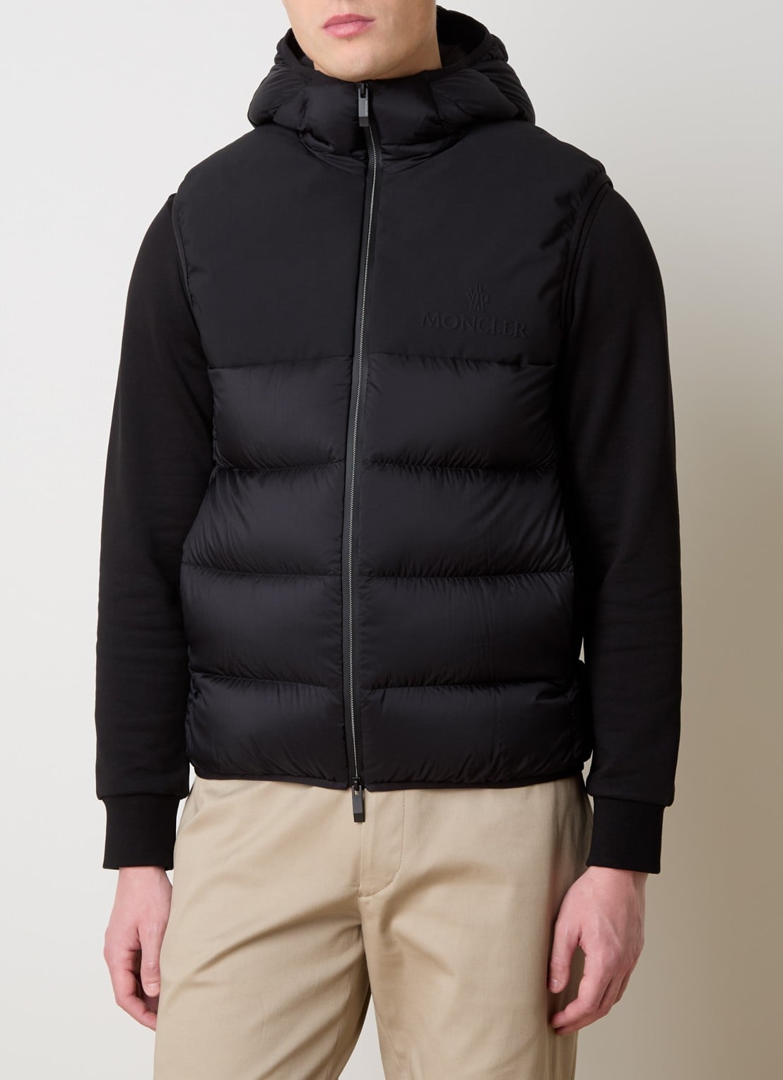 Moncler Bresse gewatteerde bodywarmer met donsvulling en capuchon - detail zwart