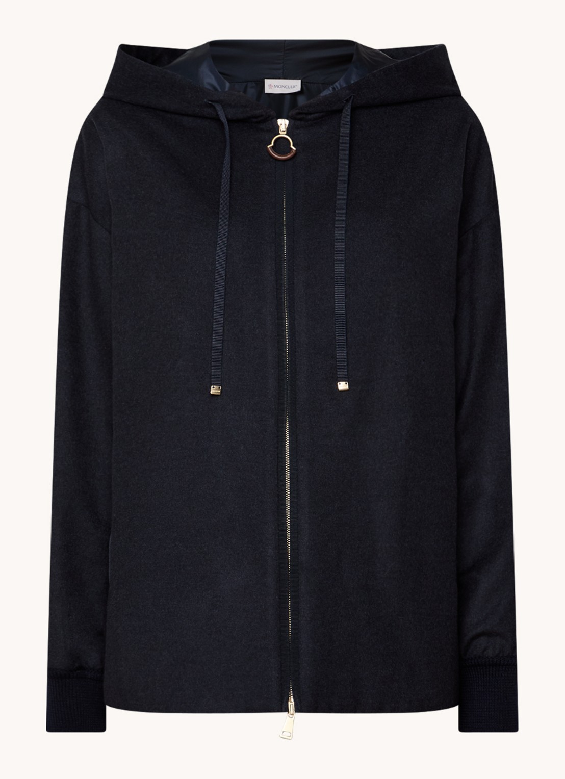 Moncler Camicia fijngebreid vest in kasjmierblend met capuchon - voorkant 2 donkerblauw