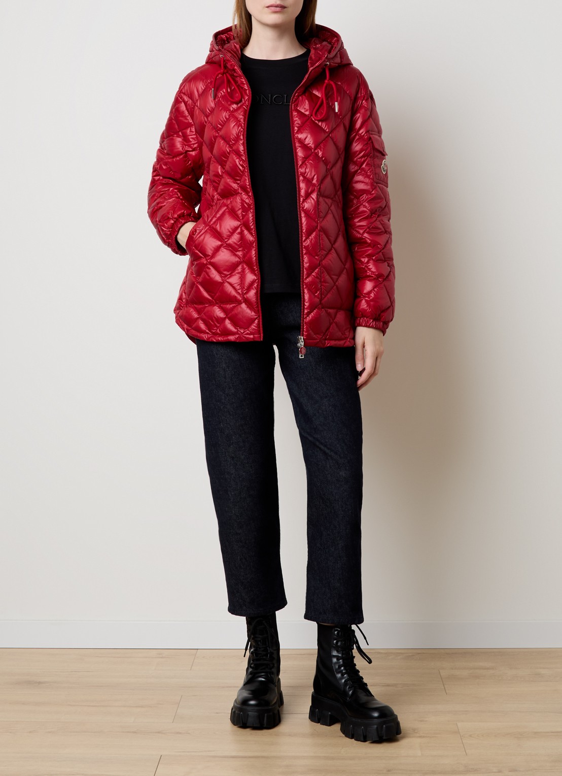 Moncler Camicia gewatteerde jas met donsvulling en quilt patroon - voorkant 5 kersenrood