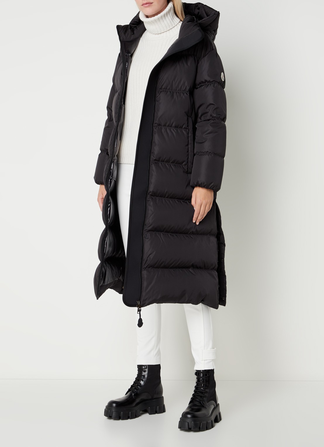 Moncler Catchet longline puffer jas met donsvulling en ritszakken  - voorkant 5 zwart