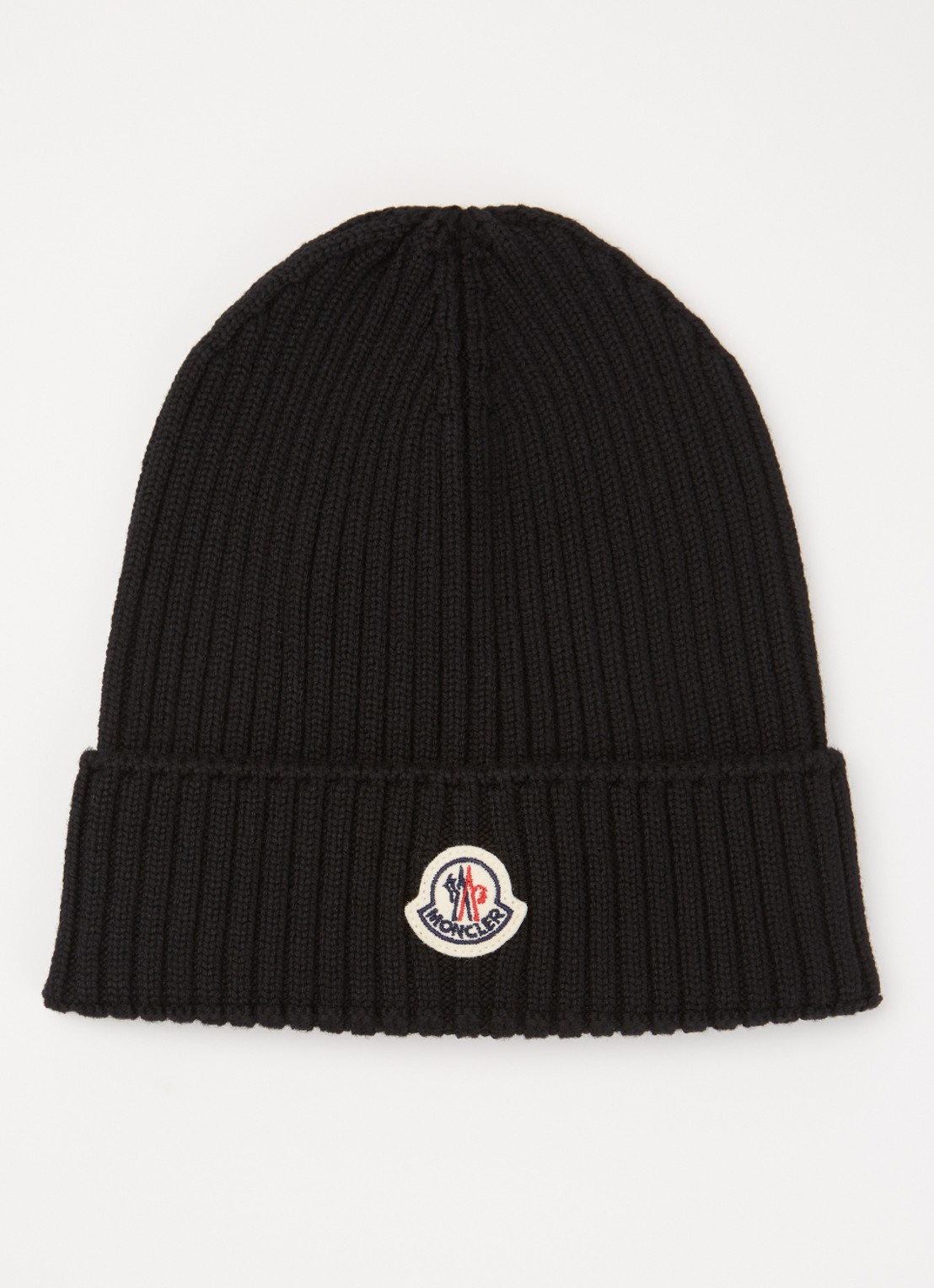Moncler Classic ribgebreide muts van wol met logo - voorkant zwart