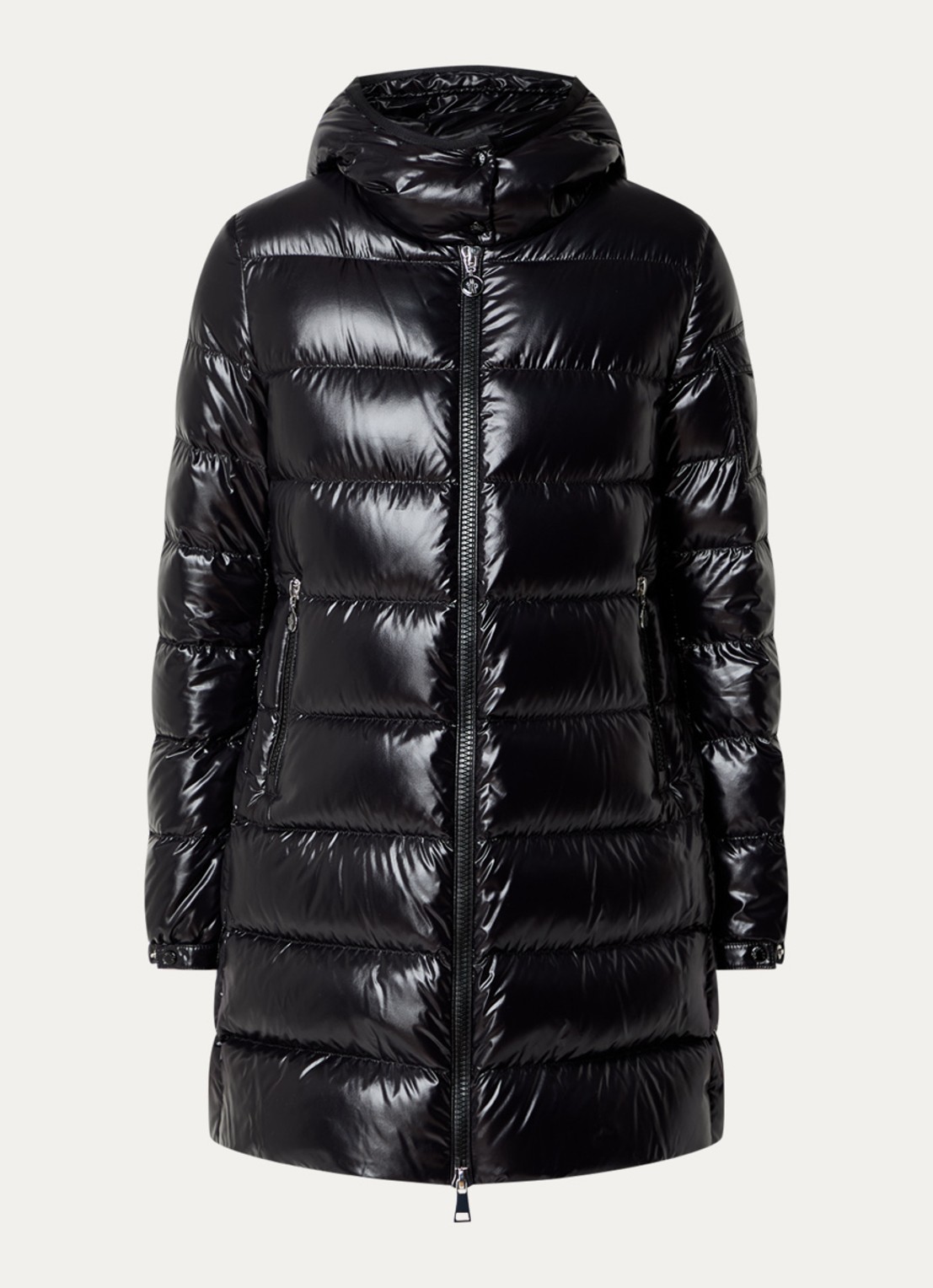 Moncler Courcelle longline puffer jas met glanzende finish en logo - voorkant zwart