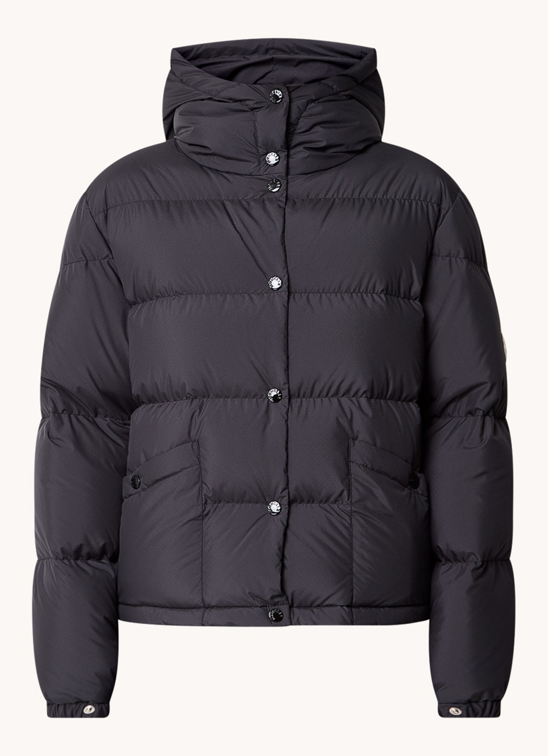 Moncler Ebre puffer jack met donsvulling en logoborduring - voorkant 2 zwart