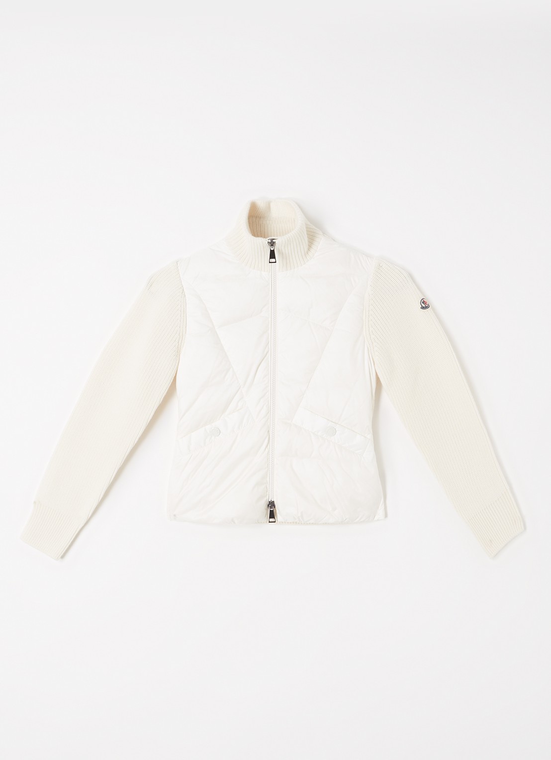 Moncler Fijngebreid jack van wol met donsvulling - voorkant gebroken wit