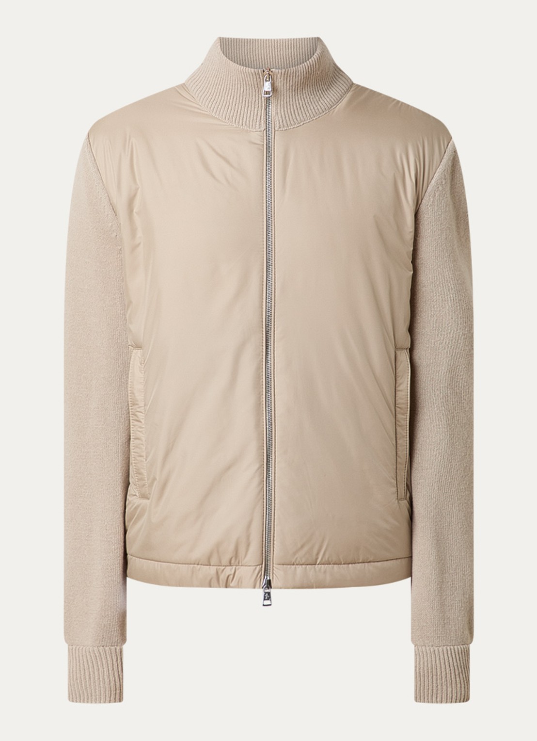 Moncler Fijngebreid vest in scheerwolblend met gewatteerd voorpand met donsvulling - voorkant beige