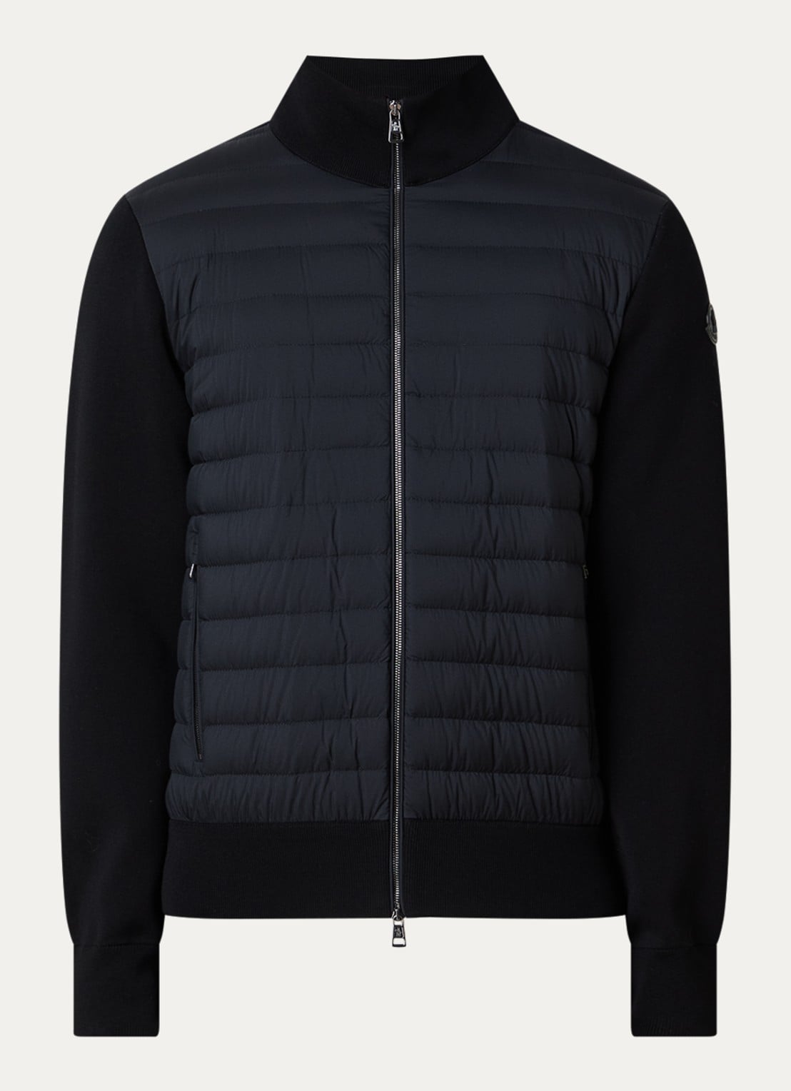 Moncler Fijngebreid vest met gewatteerd voorpand en donsvulling - voorkant zwart