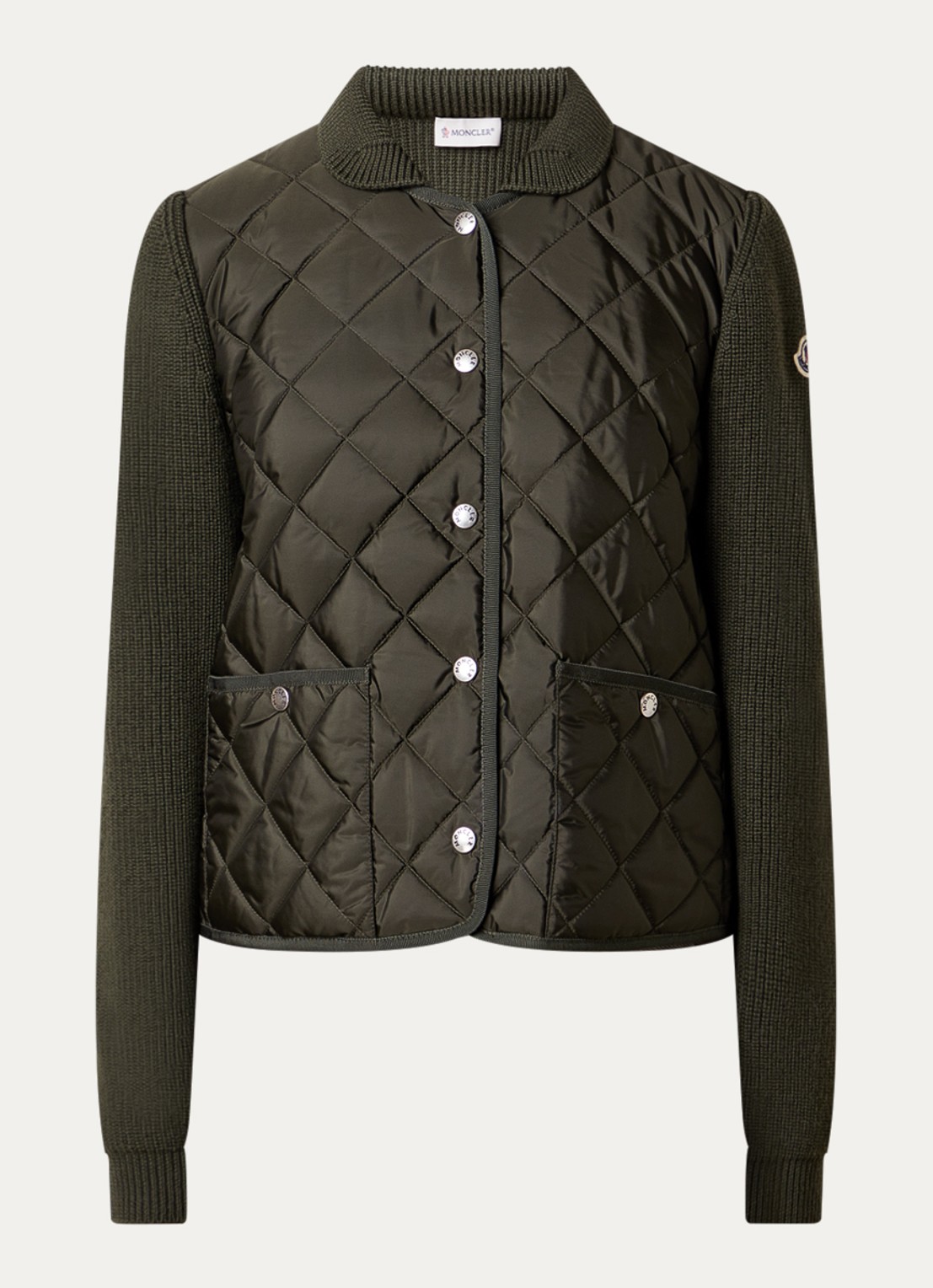 Moncler Fijngebreid vest met logo en opgestikte zakken - voorkant 5 olijfgroen