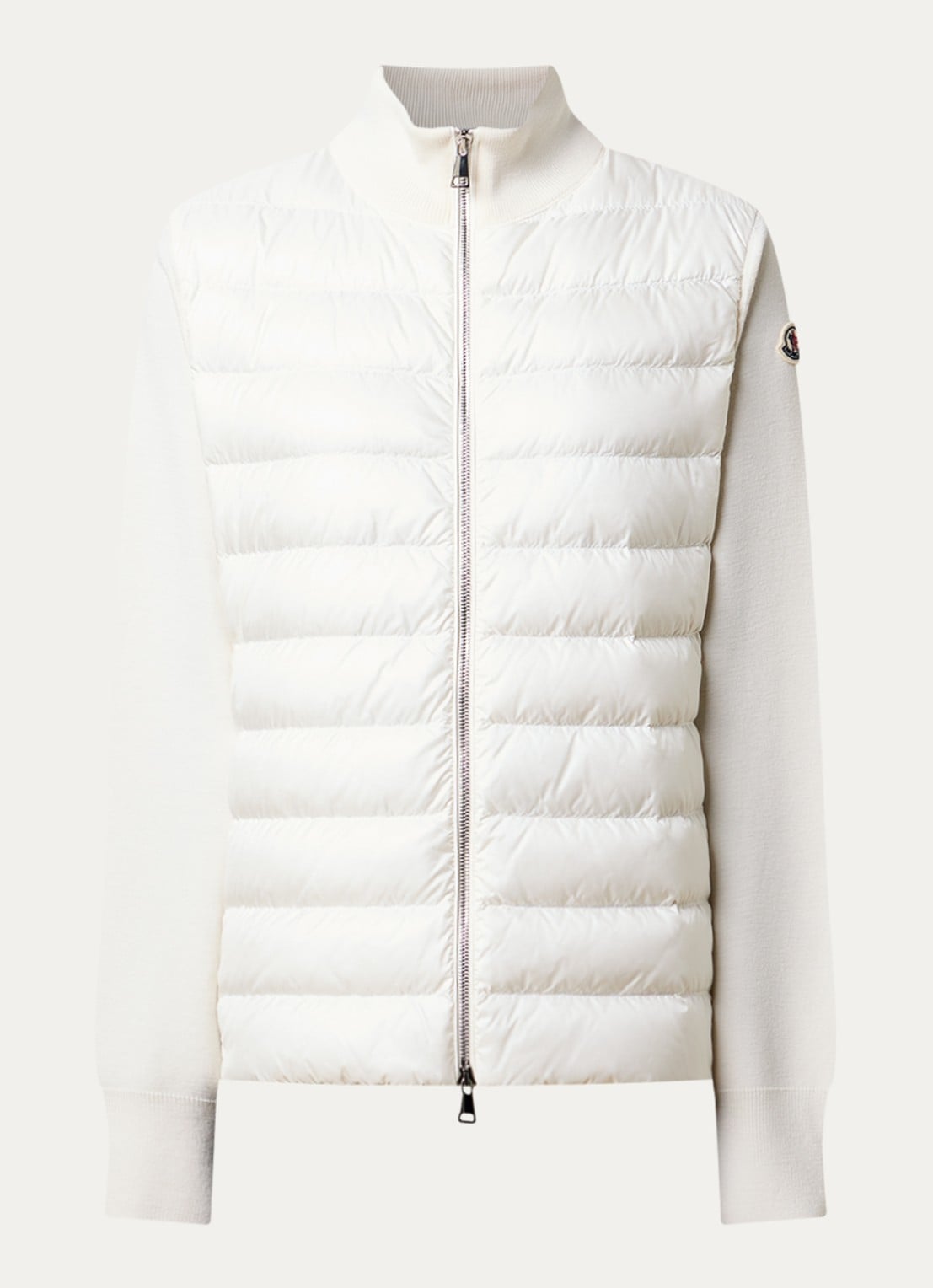 Moncler Fijngebreid vest van scheerwol met gewatteerd voorpand en donsvulling - voorkant wit