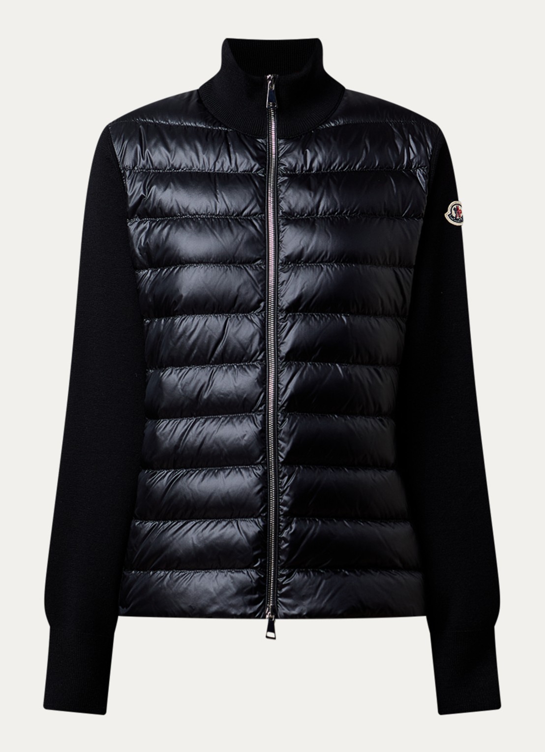 Moncler Fijngebreid vest van scheerwol met gewatteerd voorpand en donsvulling - voorkant zwart