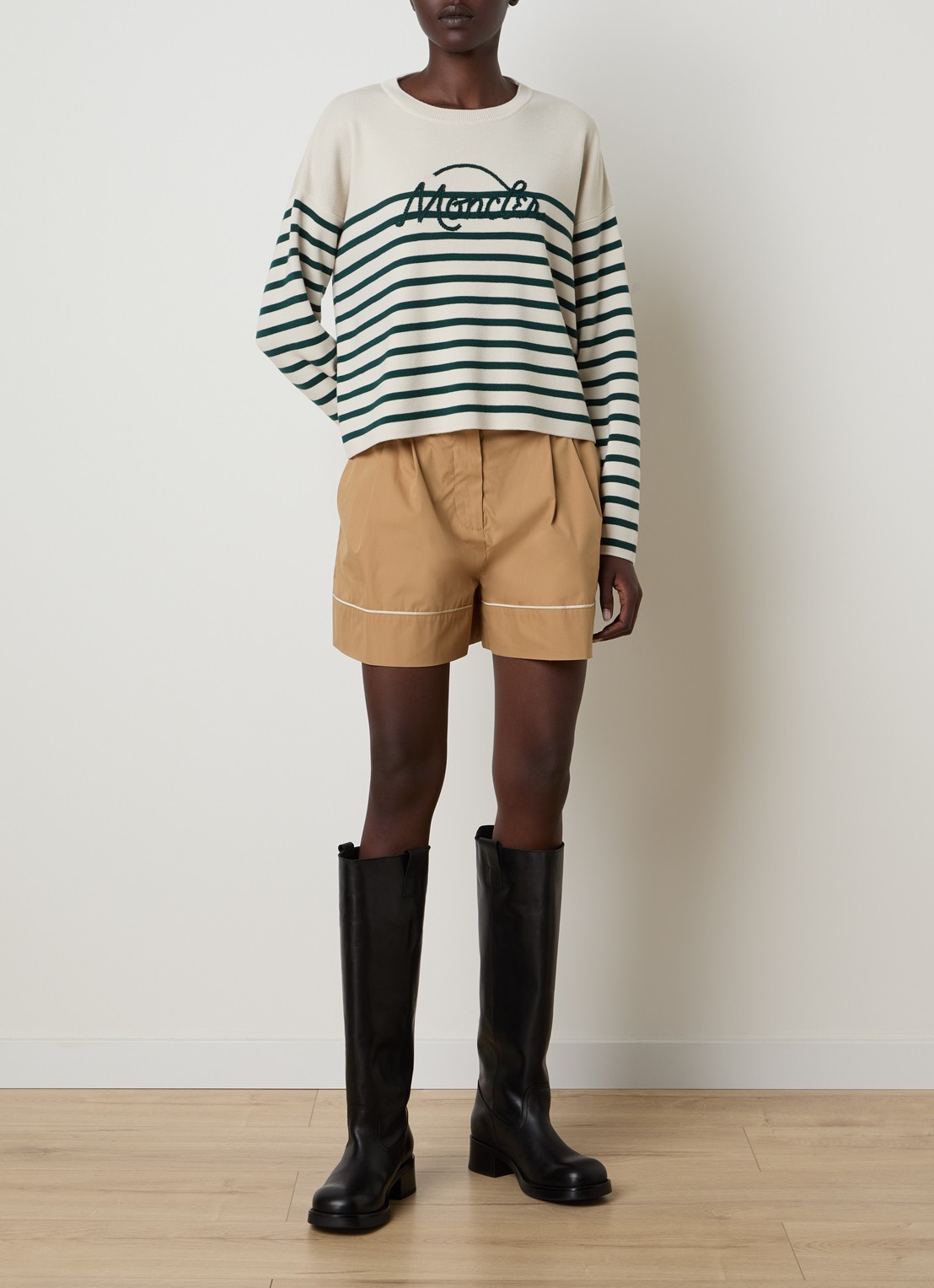 Moncler Fijngebreide trui met ingebreid patroon en logoborduring - voorkant 5 beige