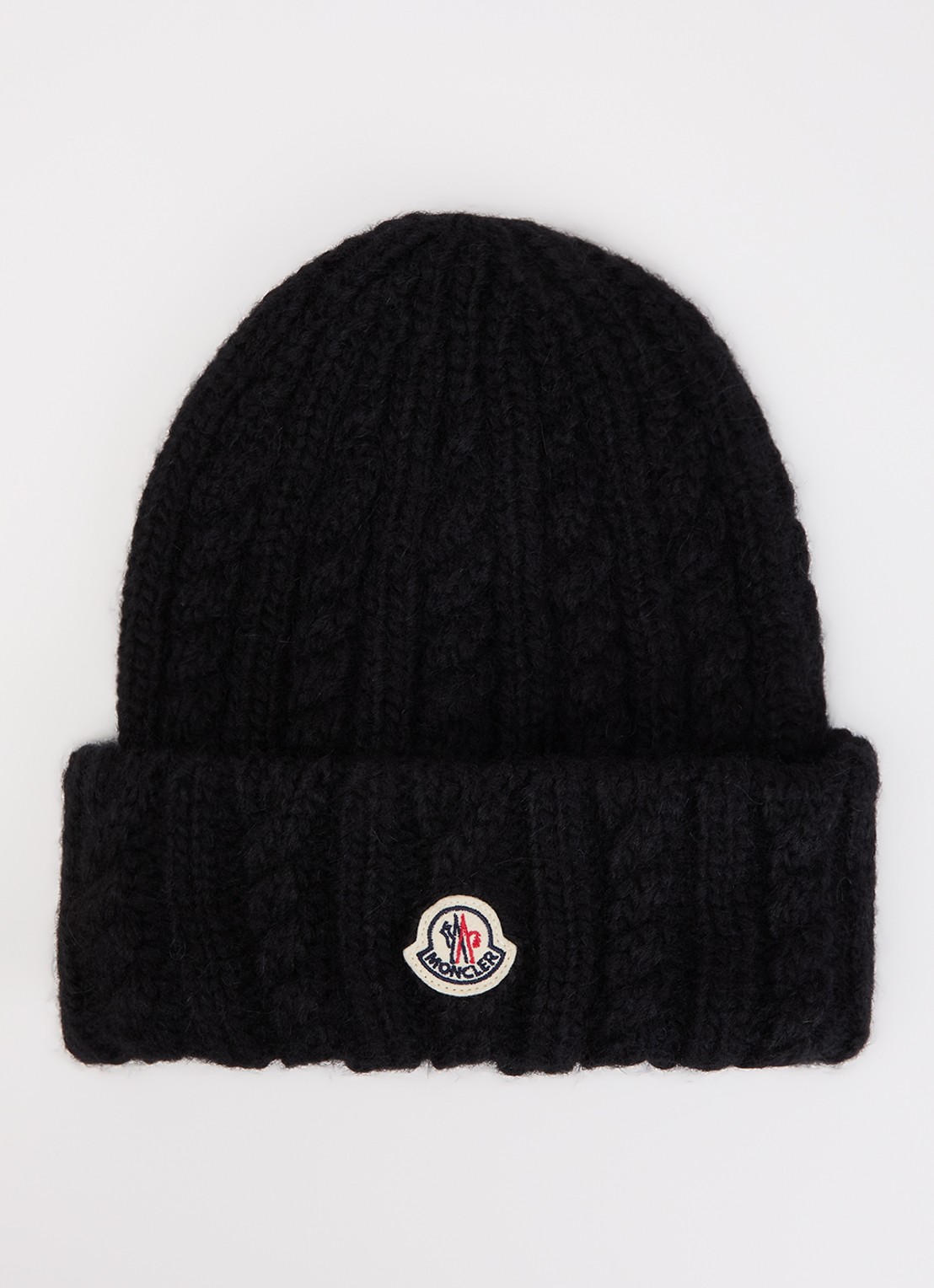 Moncler Grofgebreide muts in alpaca wolblend met logo - voorkant zwart