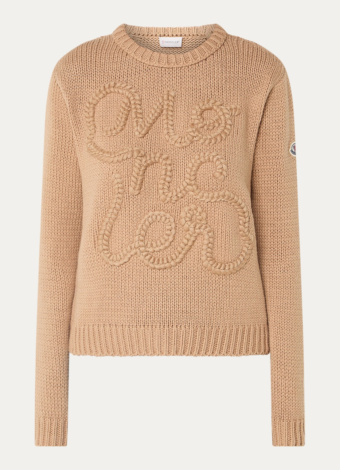 Moncler Grofgebreide trui met ingebreid logo - voorkant 4 camel