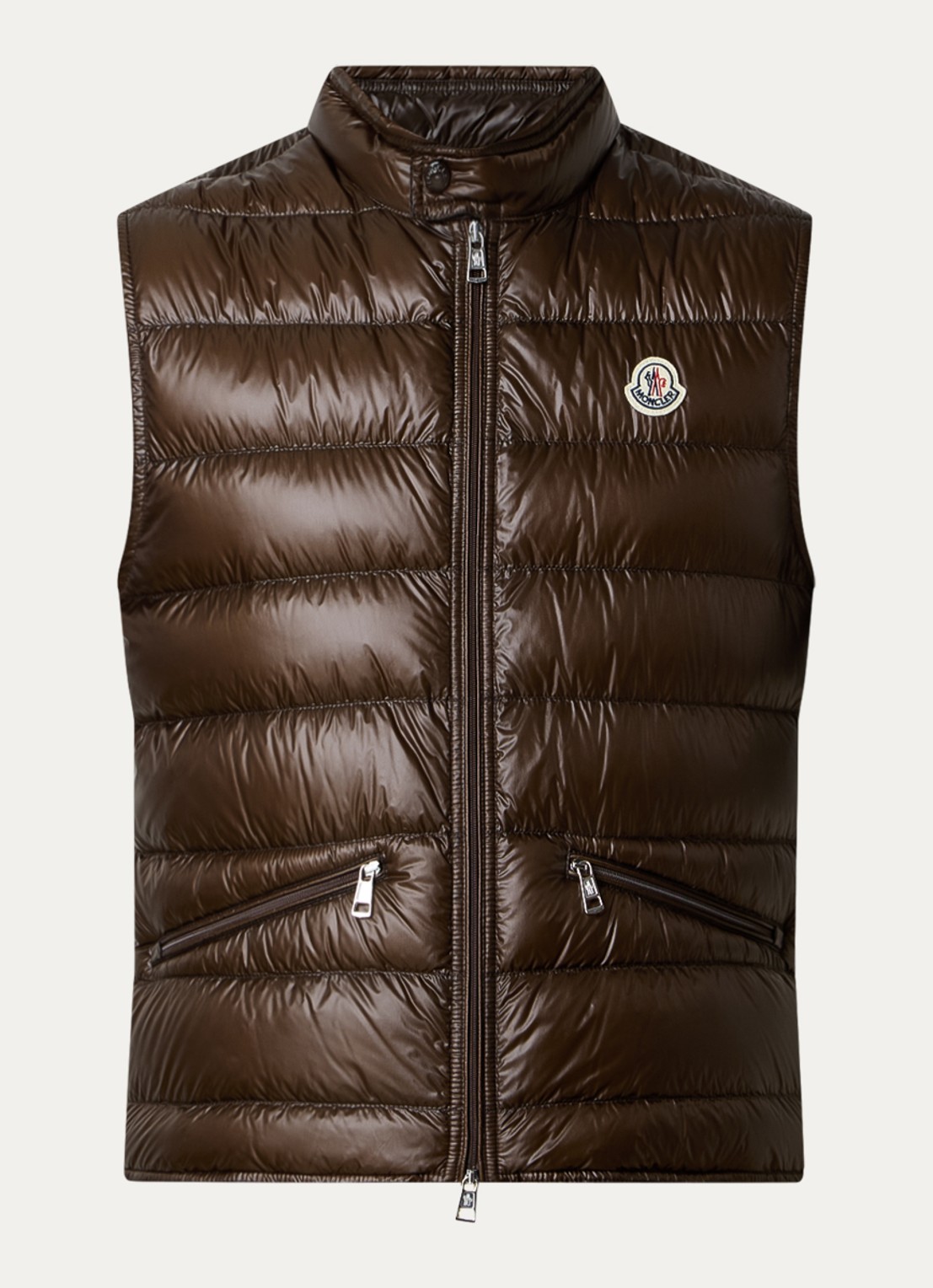 Moncler Gui gewatteerde bodywarmer met donsvulling en logo - voorkant bruin
