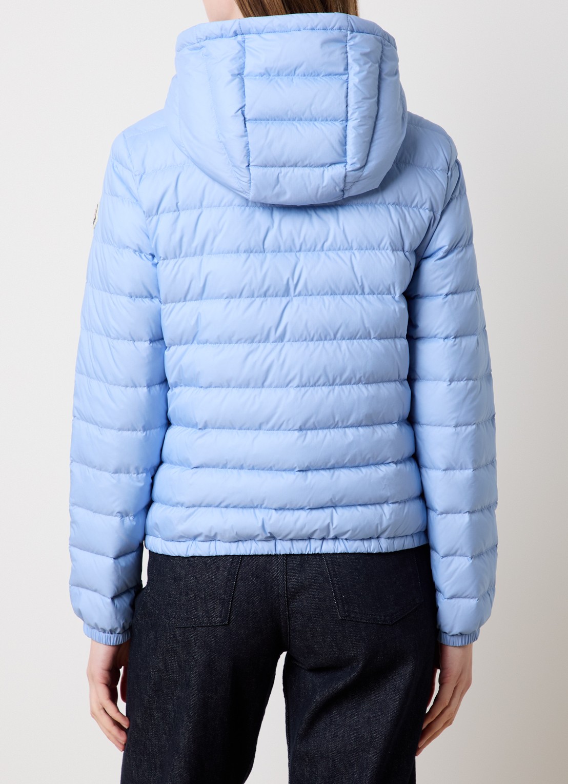 Moncler Hede puffer jack met capuchon en donsvulling - achterkant 3 lichtblauw