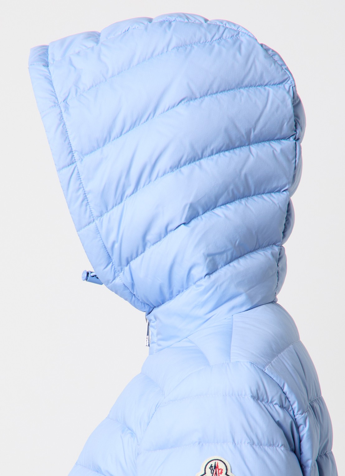 Moncler Hede puffer jack met capuchon en donsvulling - detail 6 lichtblauw