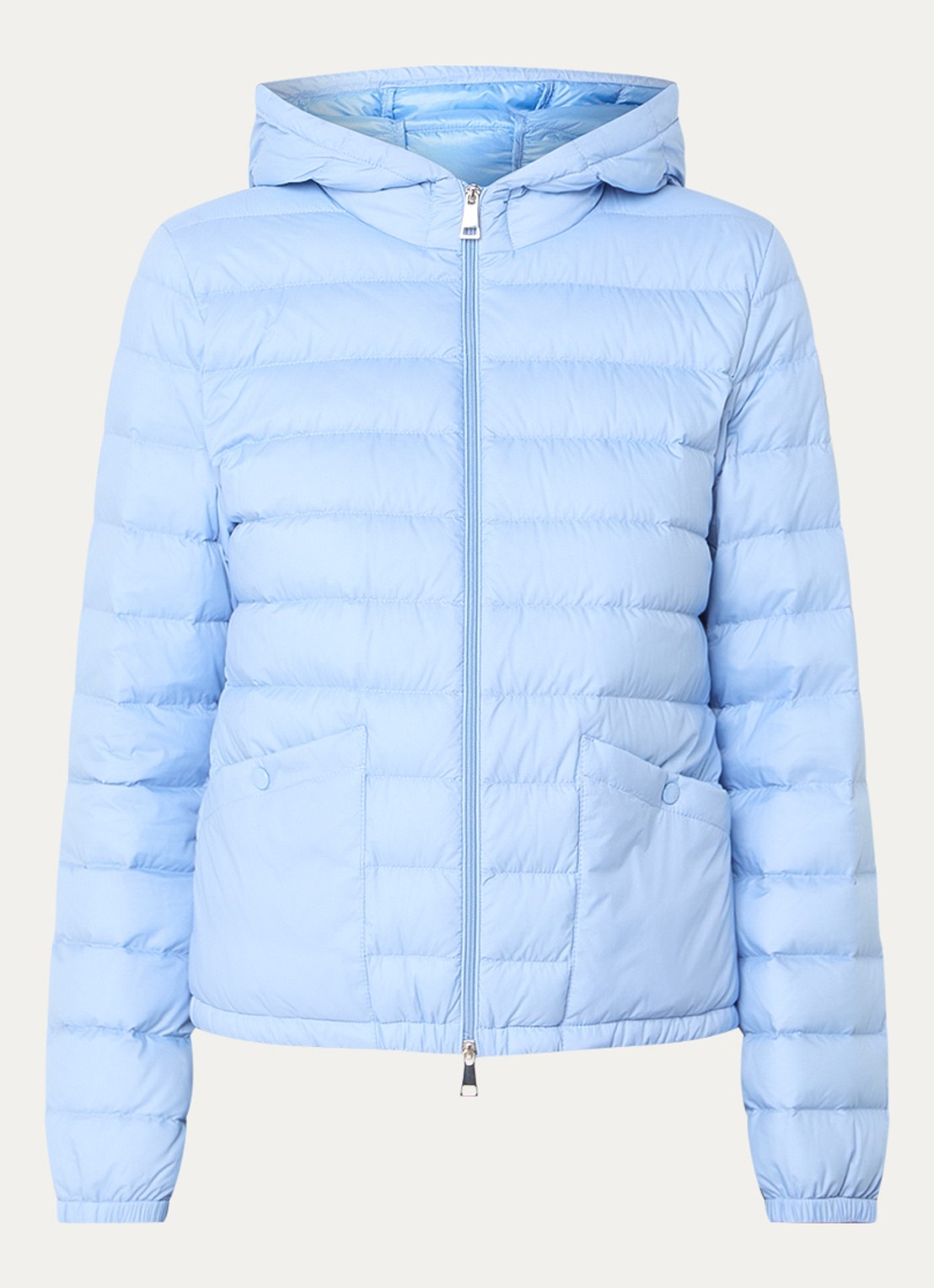 Moncler Hede puffer jack met capuchon en donsvulling - voorkant lichtblauw