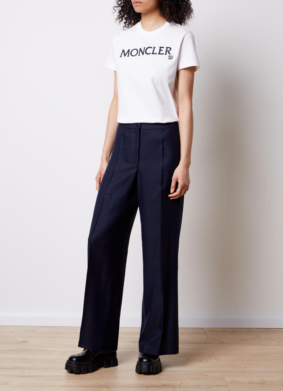 Moncler High waist loose fit pantalon met plooidetail - voorkant 2 donkerblauw