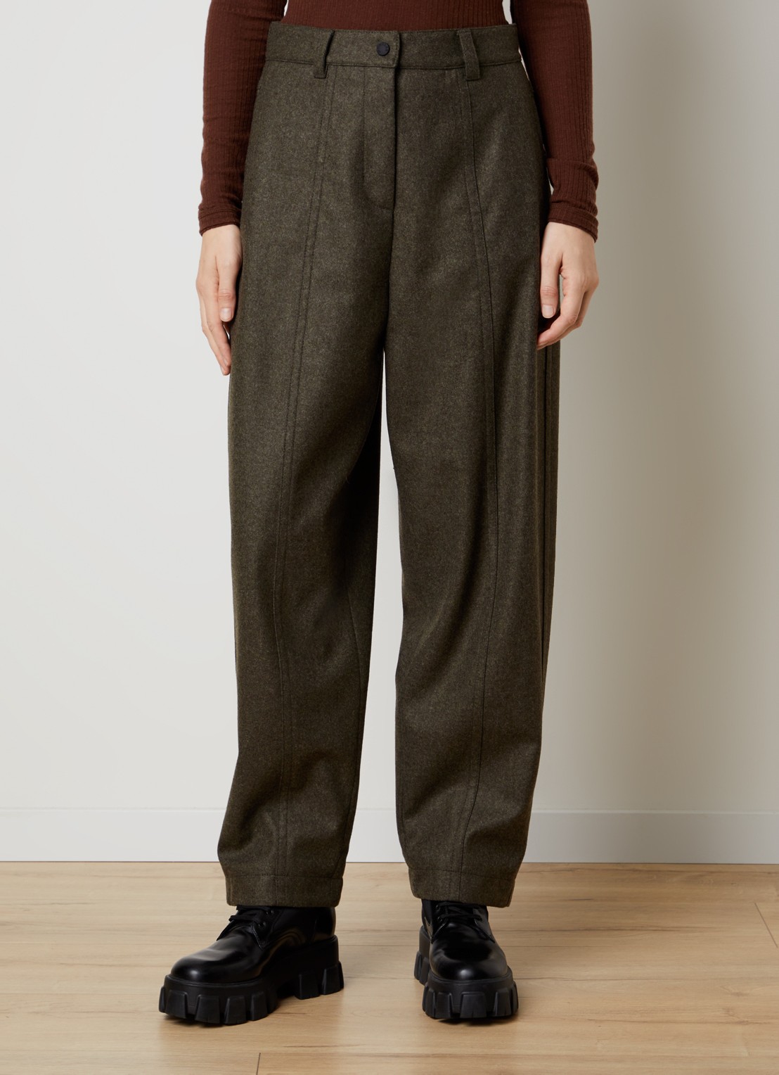 Moncler High waist wide fit broek van wol met steekzakken - detail 2 bronsgroen