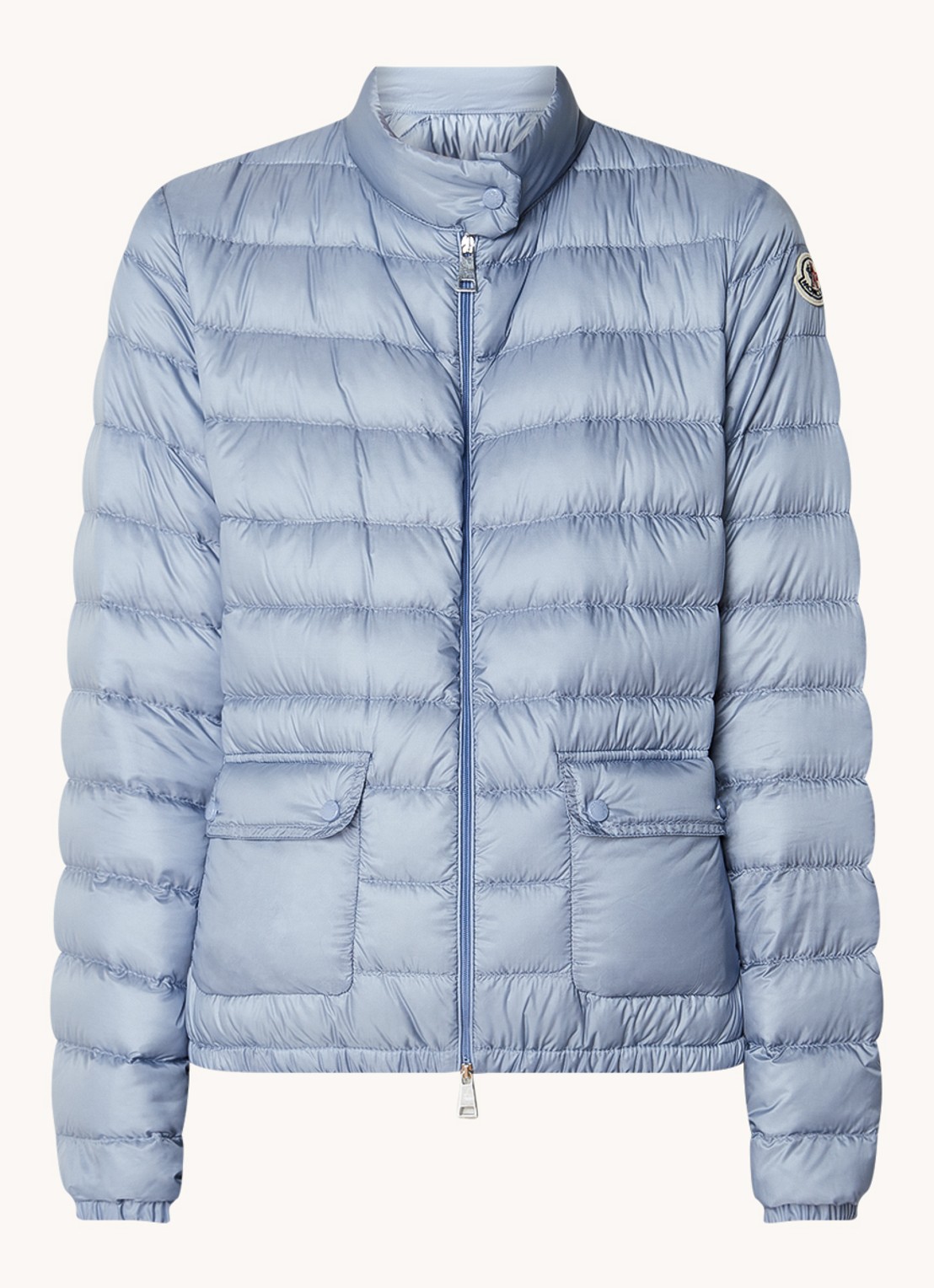 Moncler Lans gewatteerd jack met donsvulling met logoborduring - voorkant staalblauw