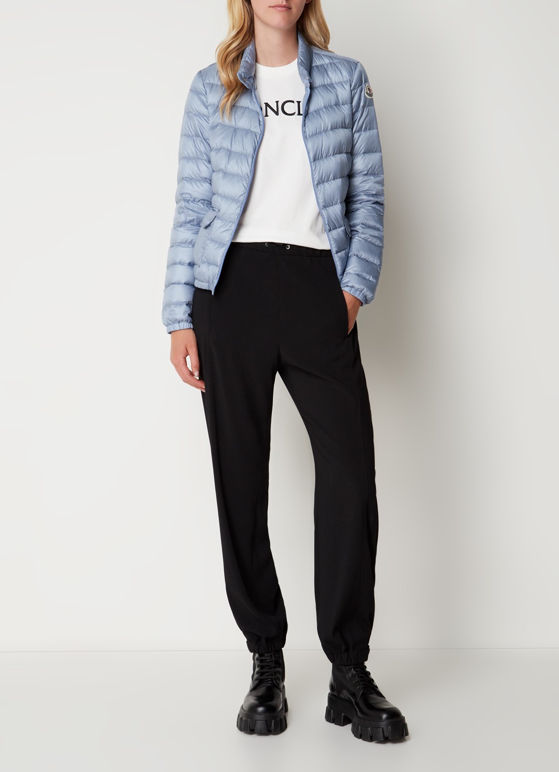 Moncler Lans gewatteerd jack met donsvulling met logoborduring - voorkant 2 staalblauw